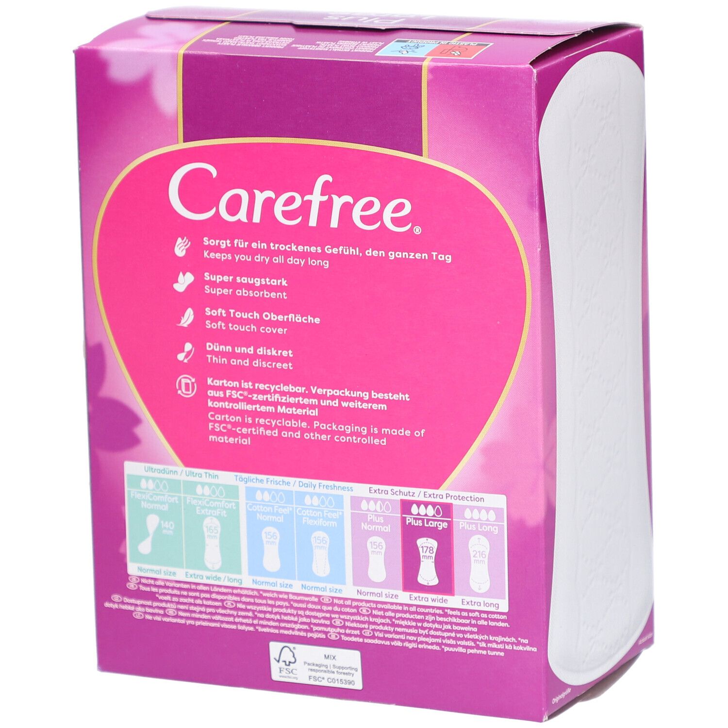 Achterkant Carefree Plus Large verpakking. Roze-wit design met productinfo en illustraties. FSC-certificering.
