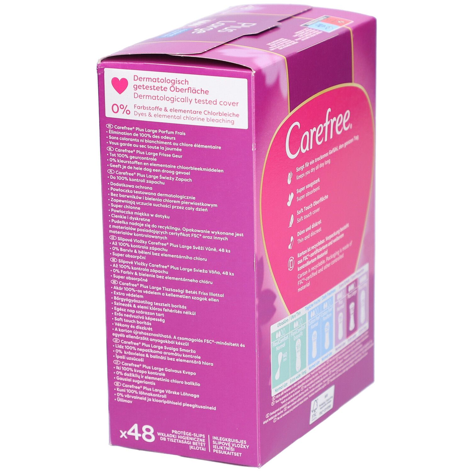 Achterkant Carefree Plus Large verpakking. Roze-wit design met productinfo en illustraties. 48 inlegkruisjes.