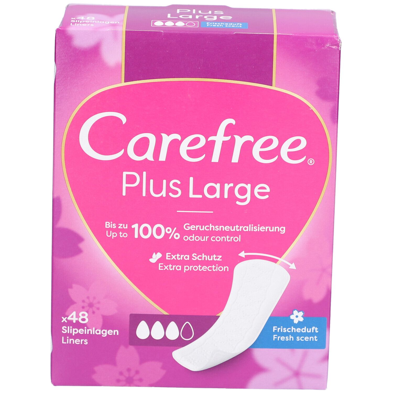 Carefree Plus Large inlegkruisjes Fresh verpakking. Roze-wit design met productafbeelding en tekst. 48 inlegkruisjes.