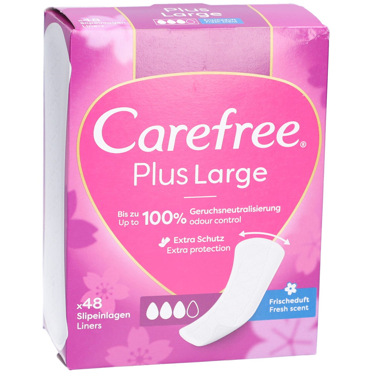 Carefree Plus Large inlegkruisjes Fresh verpakking. Roze-wit design met productafbeelding en tekst. 48 inlegkruisjes.