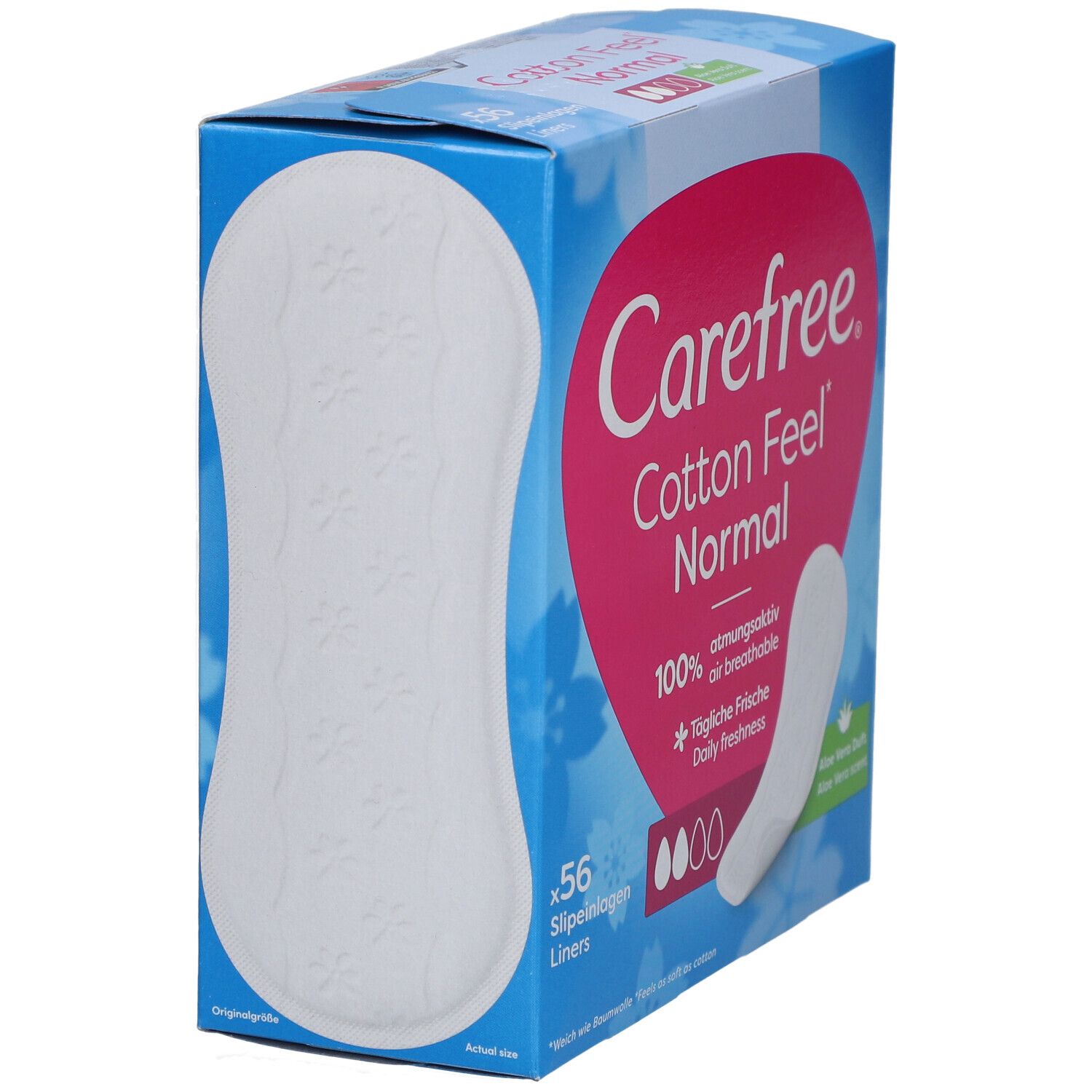 Boîte Carefree Cotton Feel Normal. 56 protège-slips. Design bleu et rose. Produit et protège-slip individuel visibles. Vue en angle.