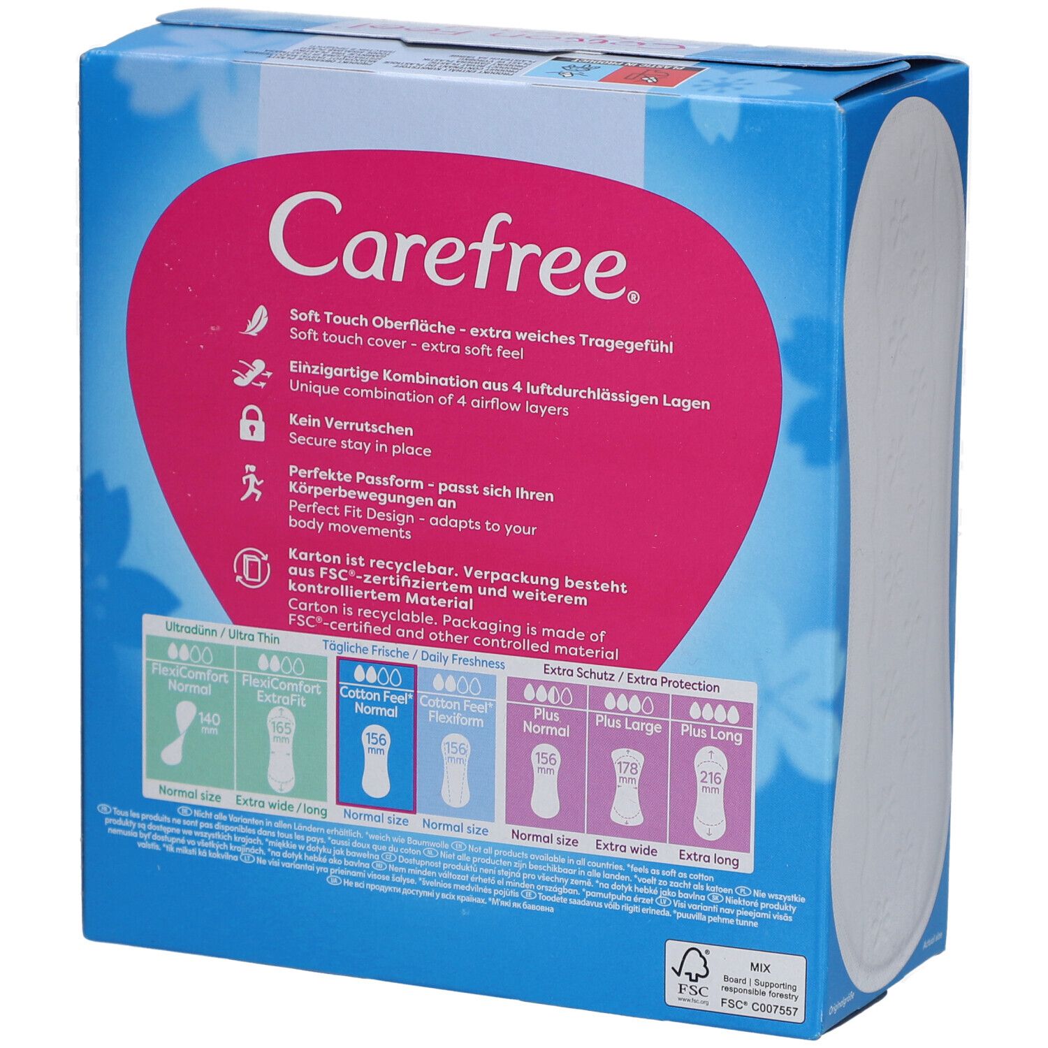 Dos de la boîte Carefree Cotton Feel Normal. Informations sur le produit, illustrations et texte. Certification FSC.