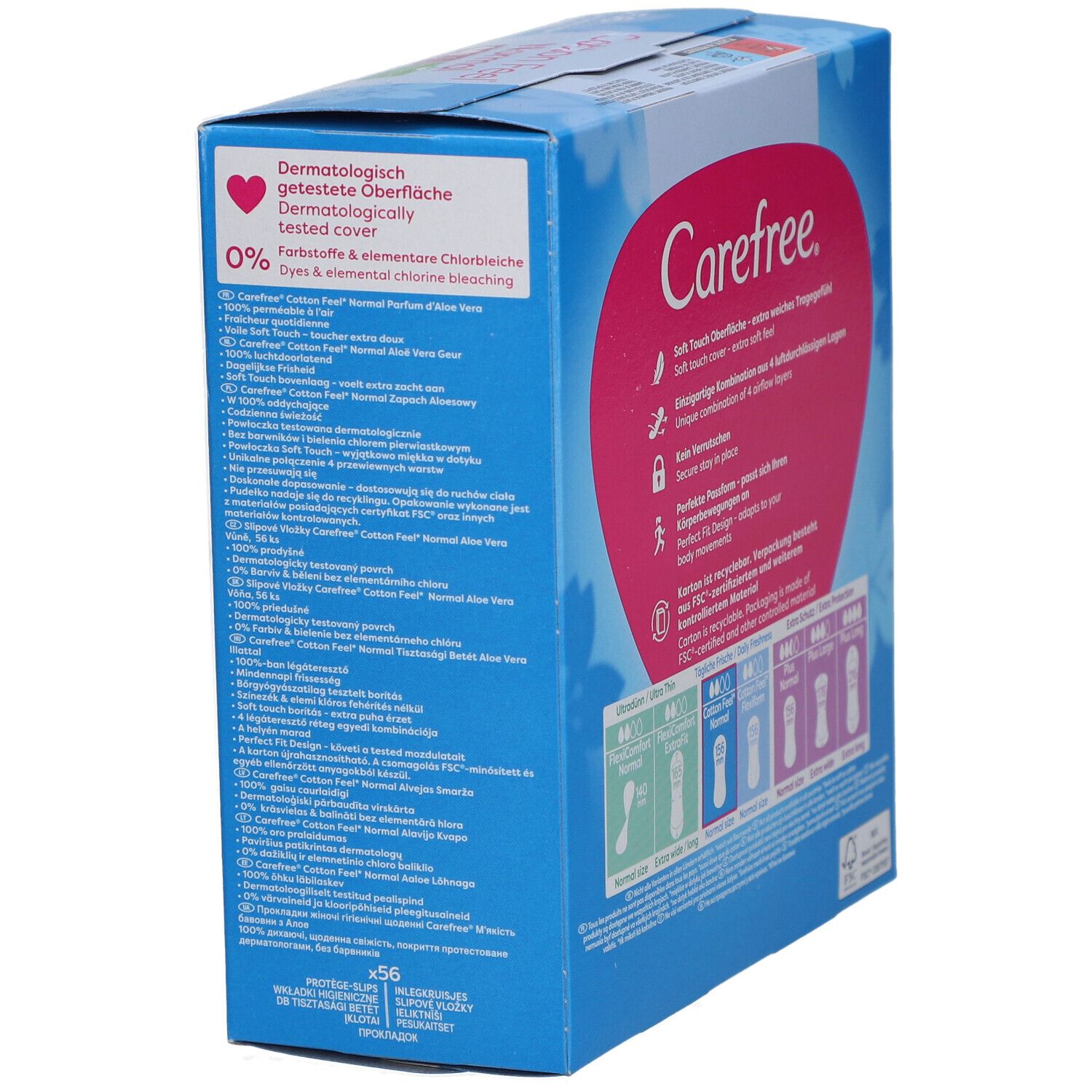 Boîte Carefree Cotton Feel Normal. Vue détaillée. Informations sur le produit, texte et illustrations. Testé dermatologiquement.