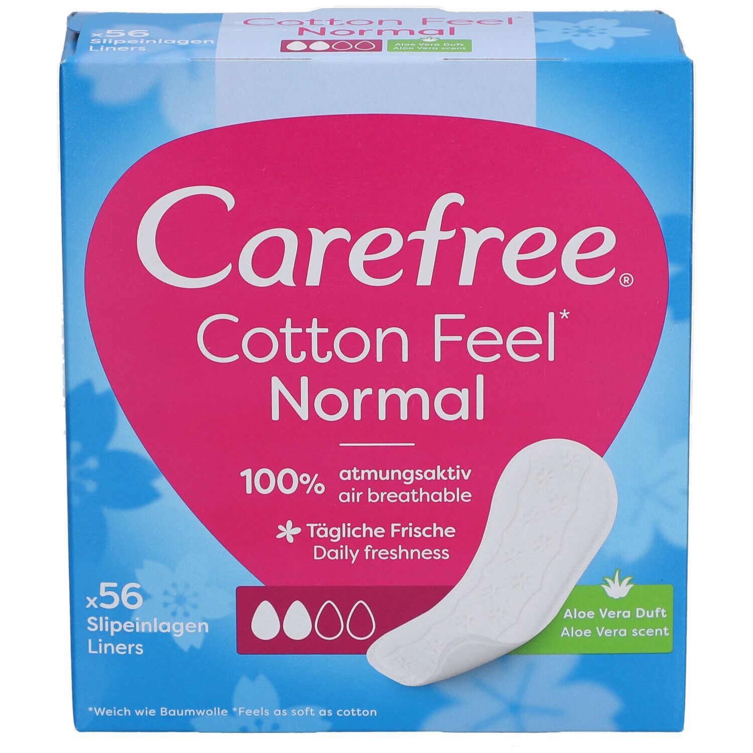 Boîte de protège-slips Carefree Cotton Feel Normal. 56 unités. Design rose et blanc. Produit et protège-slip individuel visibles.