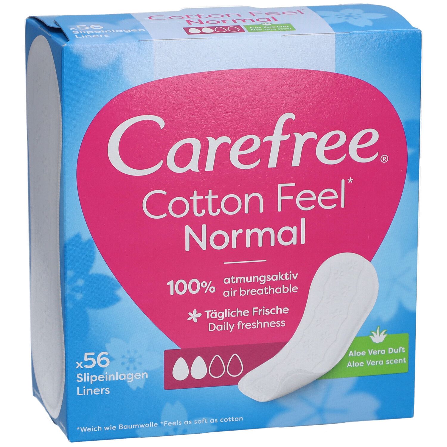 Boîte Carefree Cotton Feel Normal. 56 protège-slips. Design rose et blanc. Produit et protège-slip individuel visibles. Vue en angle.