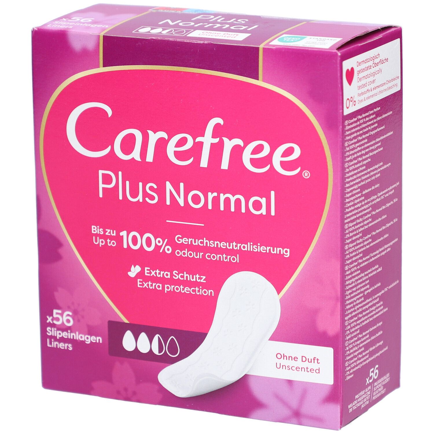 Verpakking van Carefree Plus Normal inlegkruisjes. Roze-witte doos met productafbeelding en tekst. 56 stuks.