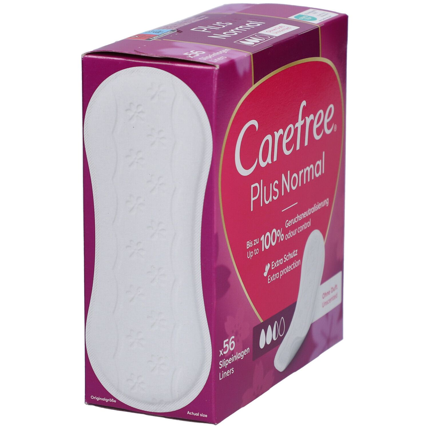 Doosje Carefree Plus Normal inlegkruisjes. Roze-witte verpakking met productafbeelding. 56 stuks.