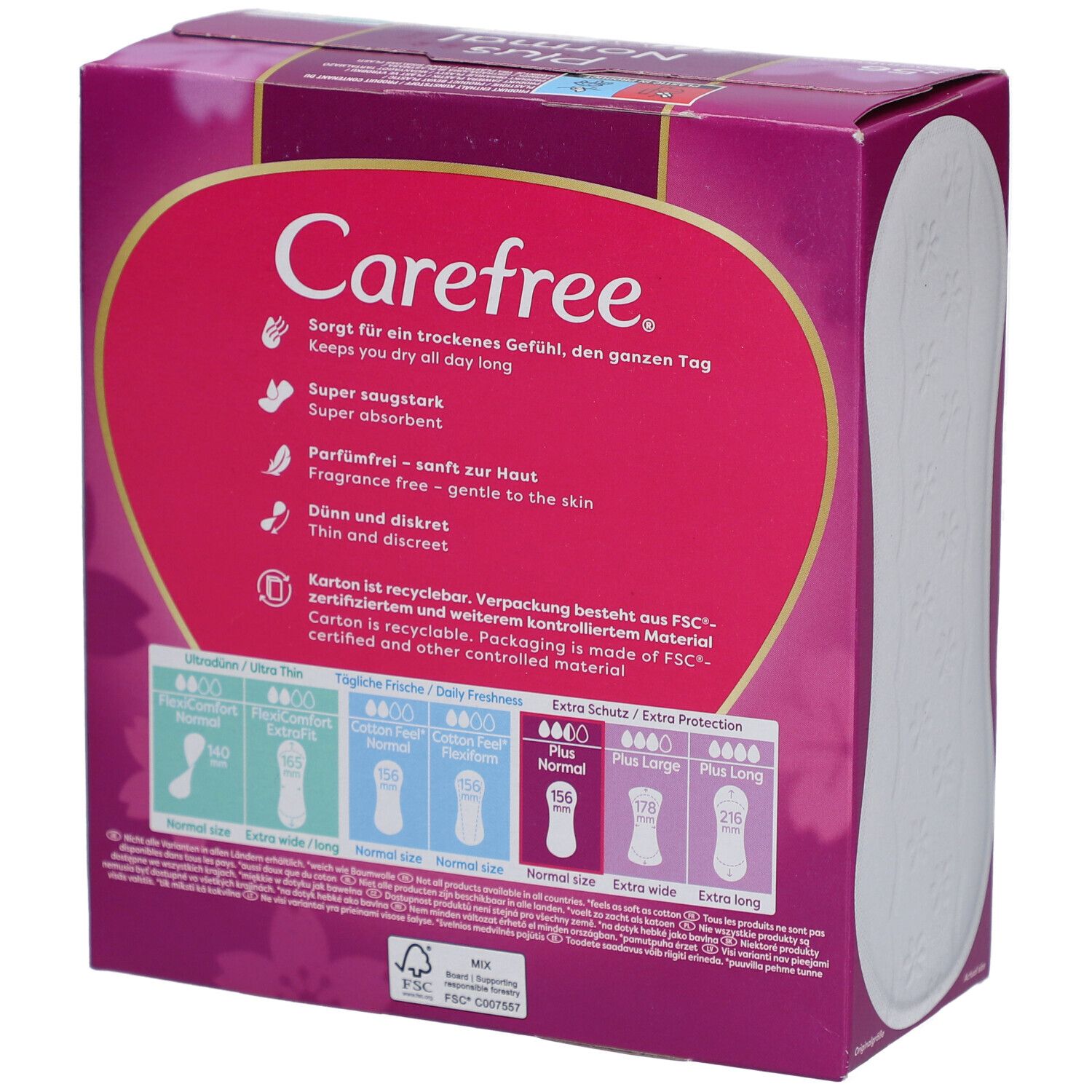 Achterkant van de Carefree Plus Normal verpakking. Tekst en productafbeeldingen op roze achtergrond. FSC-logo.