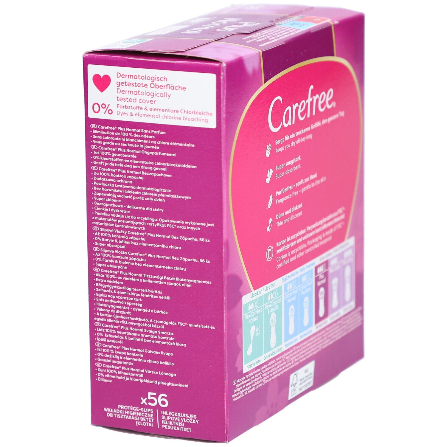 Zijkant van de Carefree Plus Normal verpakking. Tekst en productafbeeldingen op roze achtergrond. 56 stuks.