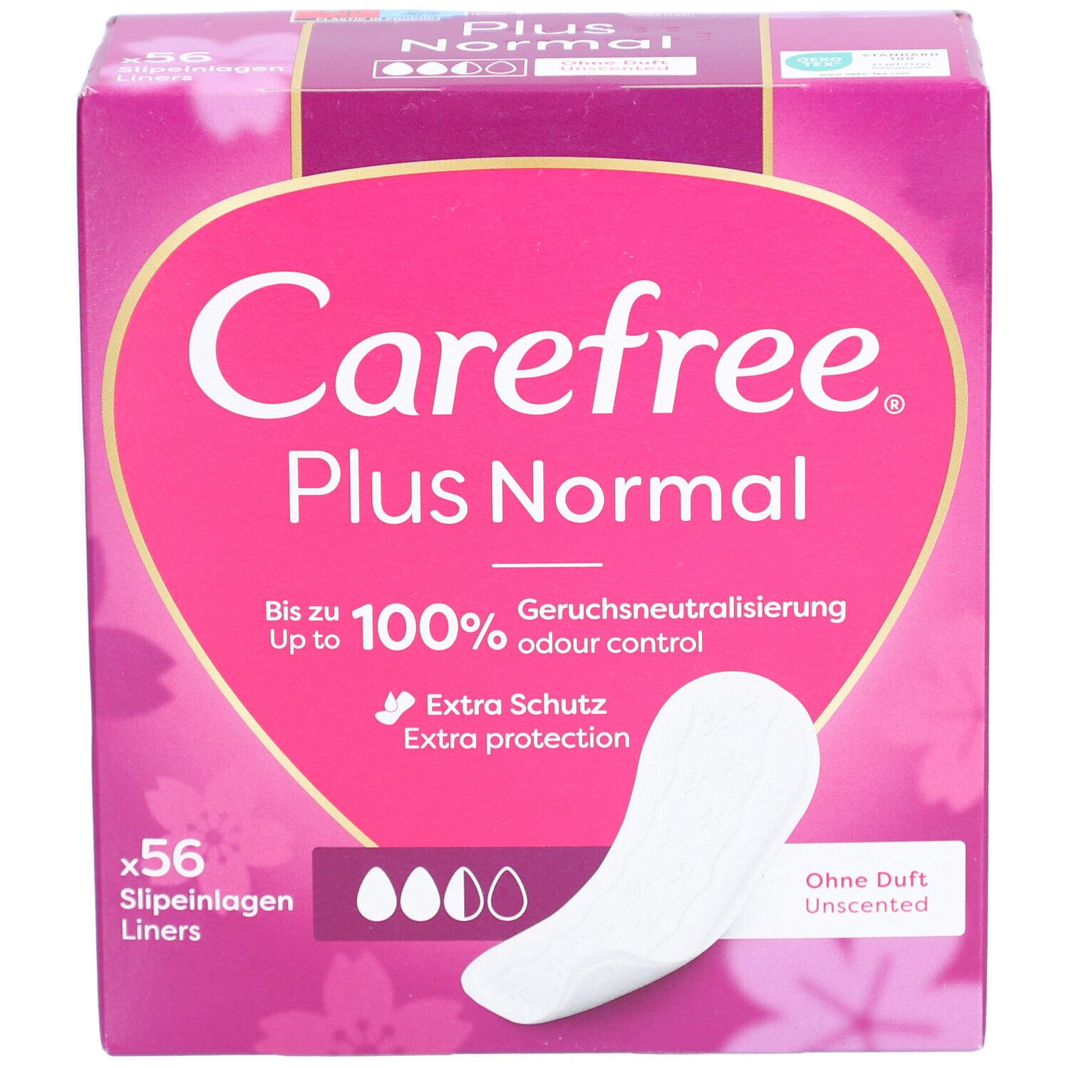 Carefree Plus Normal inlegkruisjes verpakking. Roze-witte doos met productafbeelding en tekst. 56 stuks.