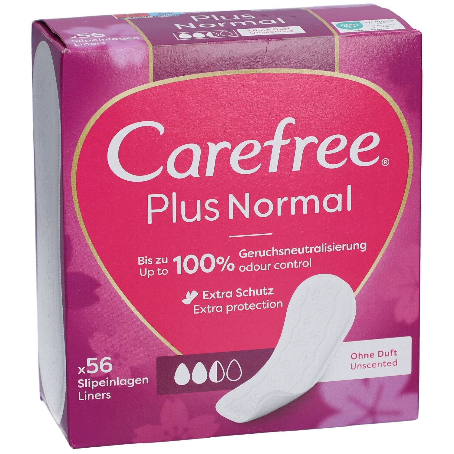 Carefree Plus Normal inlegkruisjes verpakking. Roze-witte doos met productafbeelding en tekst. 56 stuks.