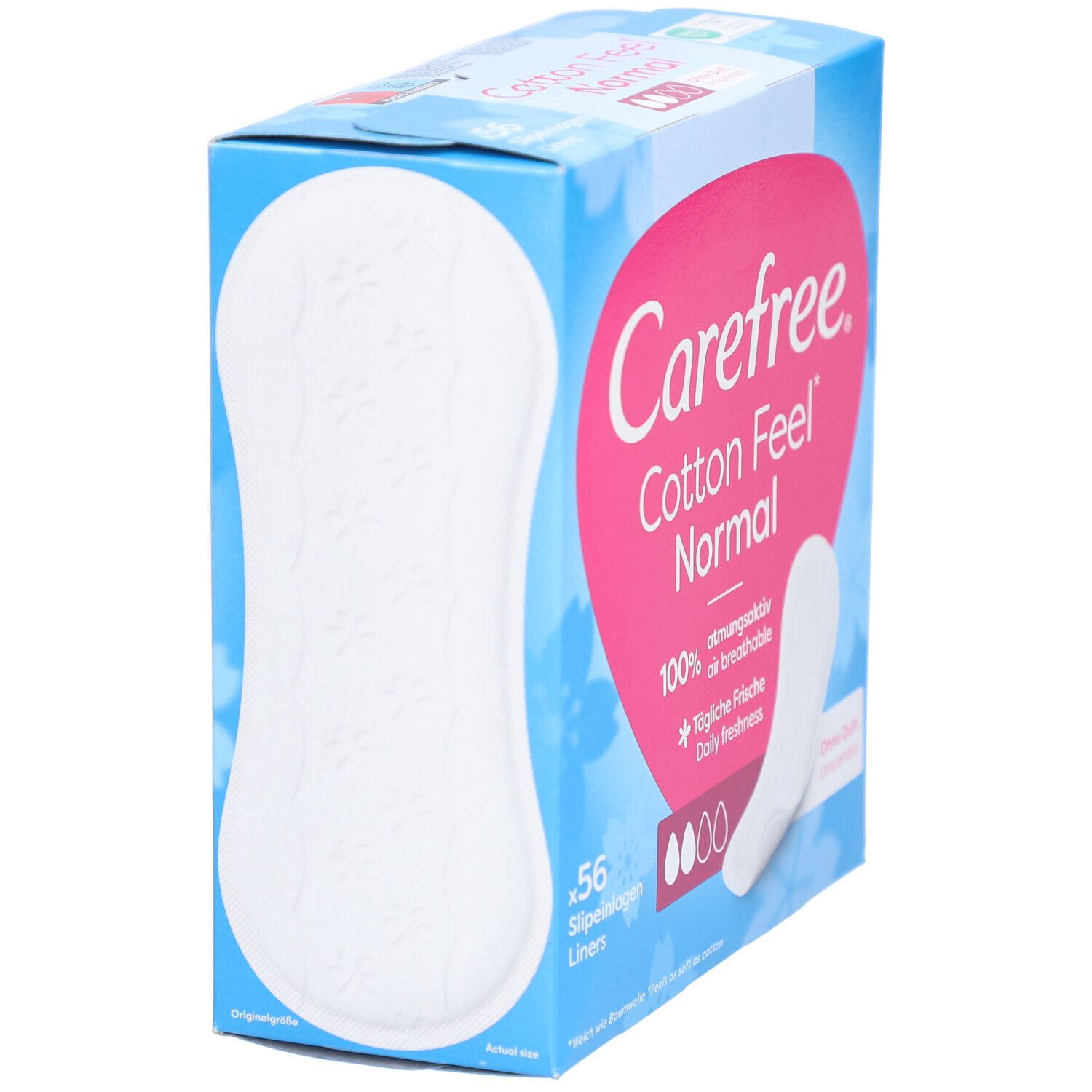 Carefree Cotton Feel Normal. 56 protège-slips. Vue du produit et protège-slip individuel. 
