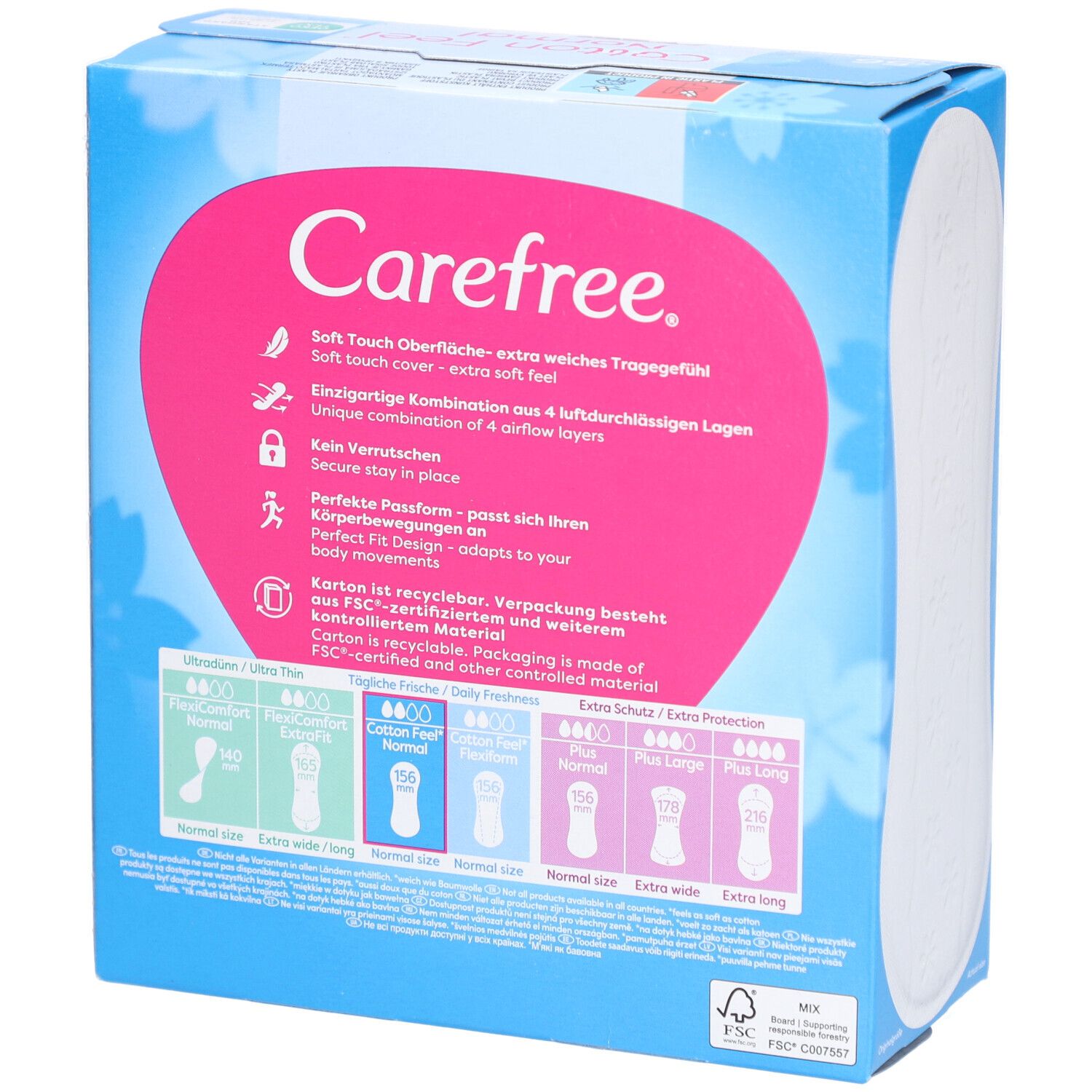 Boîte Carefree Cotton Feel. Informations produit au dos. Certification FSC.