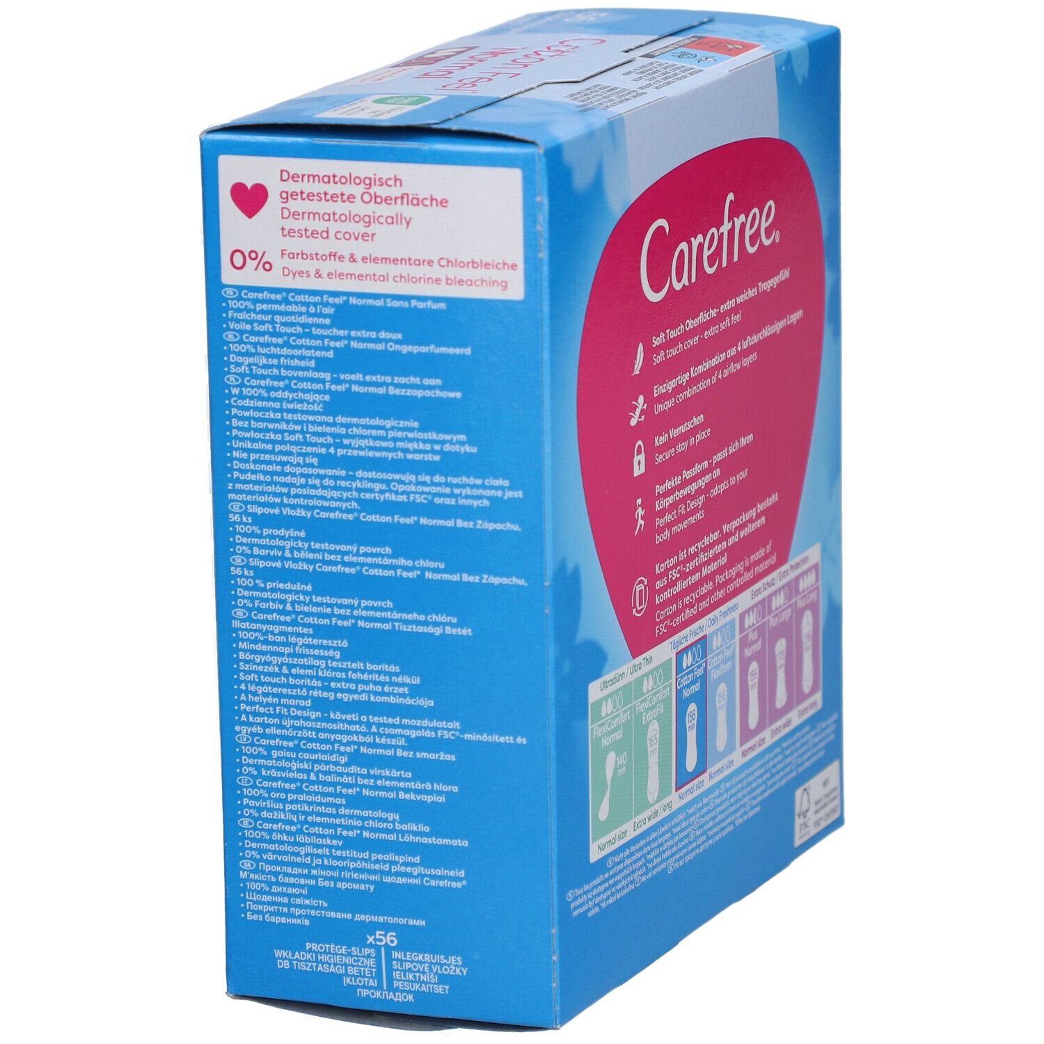Boîte Carefree Cotton Feel. Côté avec informations produit. Testé dermatologiquement. 0% colorants.