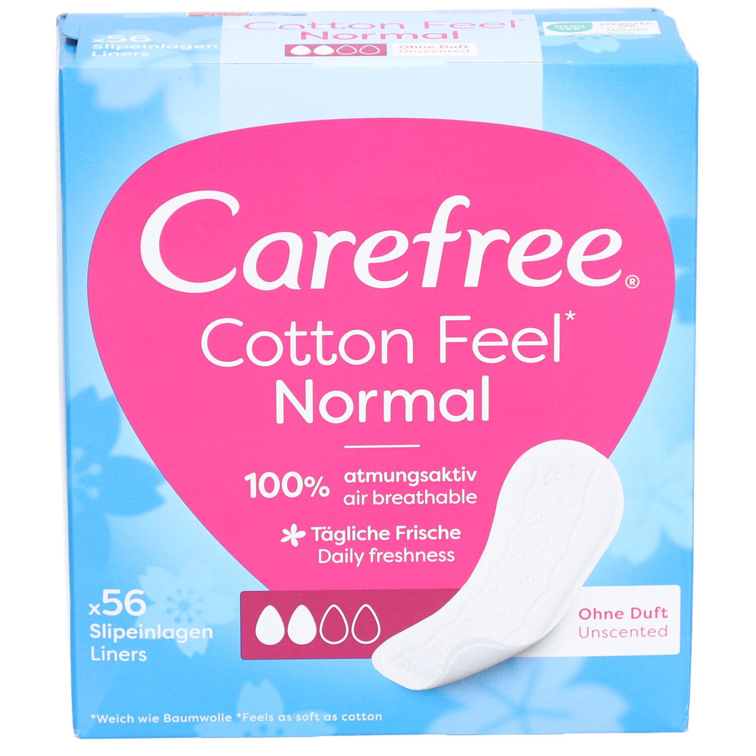 Carefree Cotton Feel Normal. 56 protège-slips. Sans parfum. Boîte avec produit et protège-slip individuel.