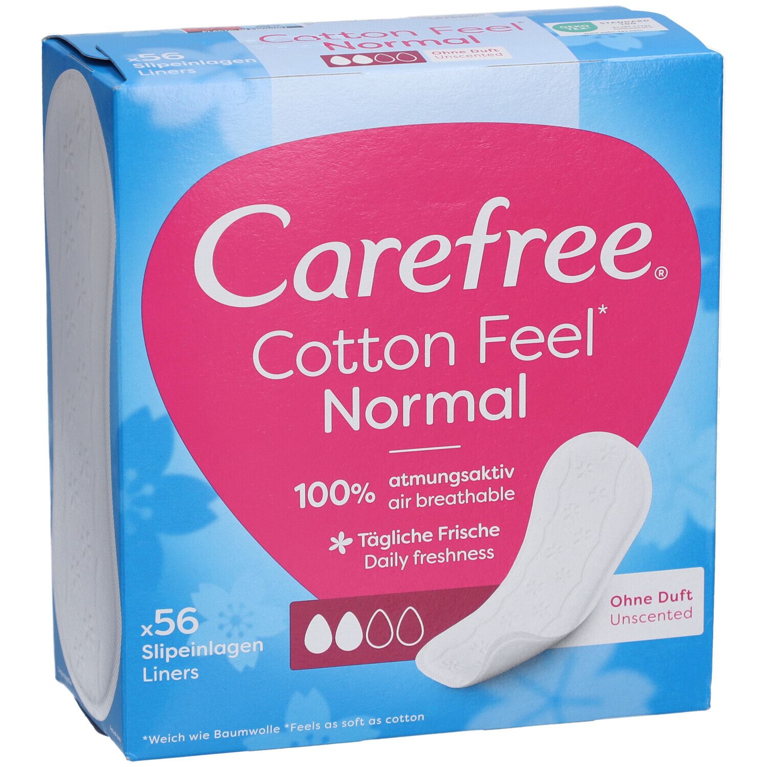 Carefree Cotton Feel Normal. 56 protège-slips. Sans parfum. Boîte avec produit et protège-slip individuel.
