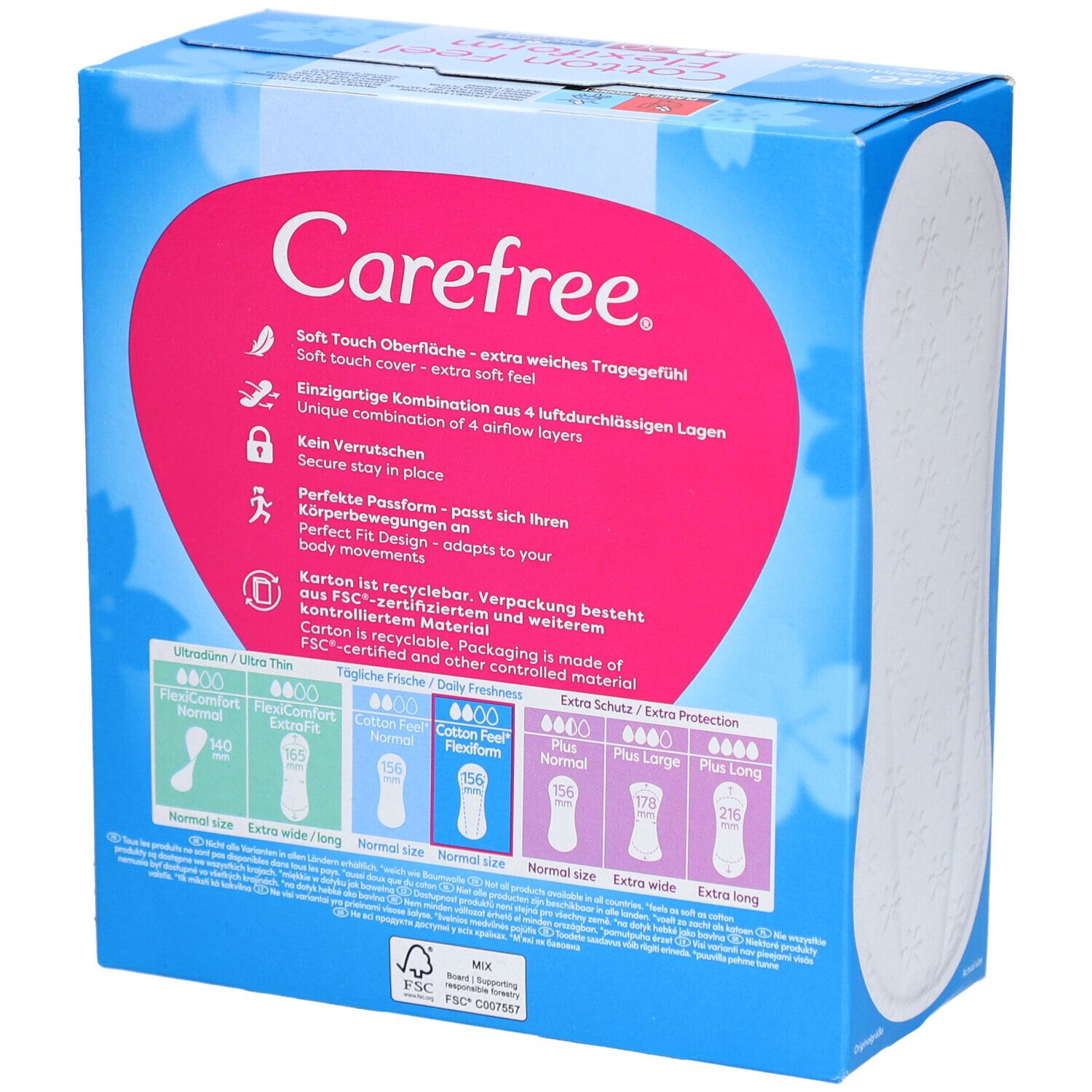 Dos du paquet Carefree Cotton Feel Flexiform. Informations sur les caractéristiques et les tailles.