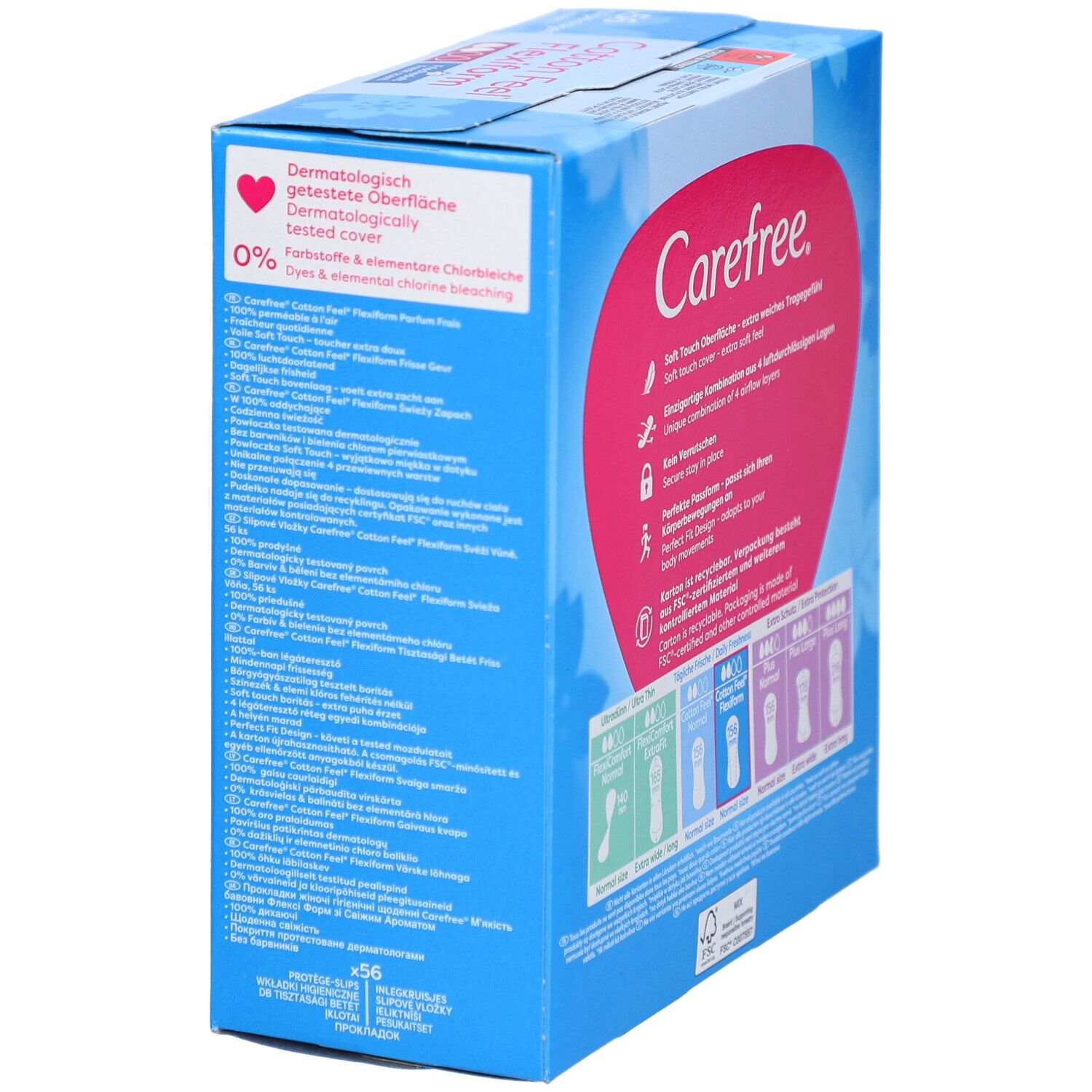 Paquet Carefree Cotton Feel Flexiform. Informations sur la tolérance dermatologique et les ingrédients.