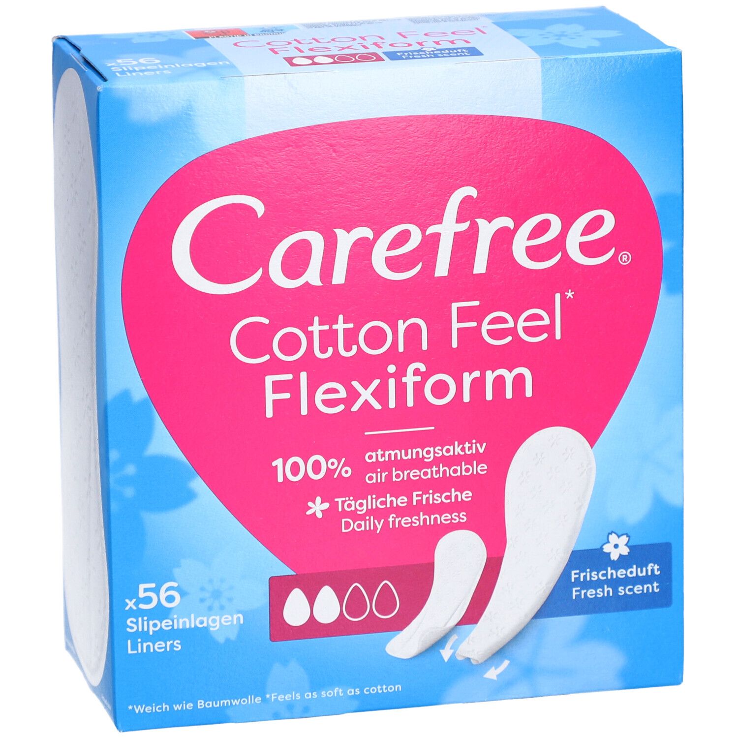 Carefree Cotton Feel Flexiform. Paquet de 56 protège-slips. 100% respirant. Parfum frais.