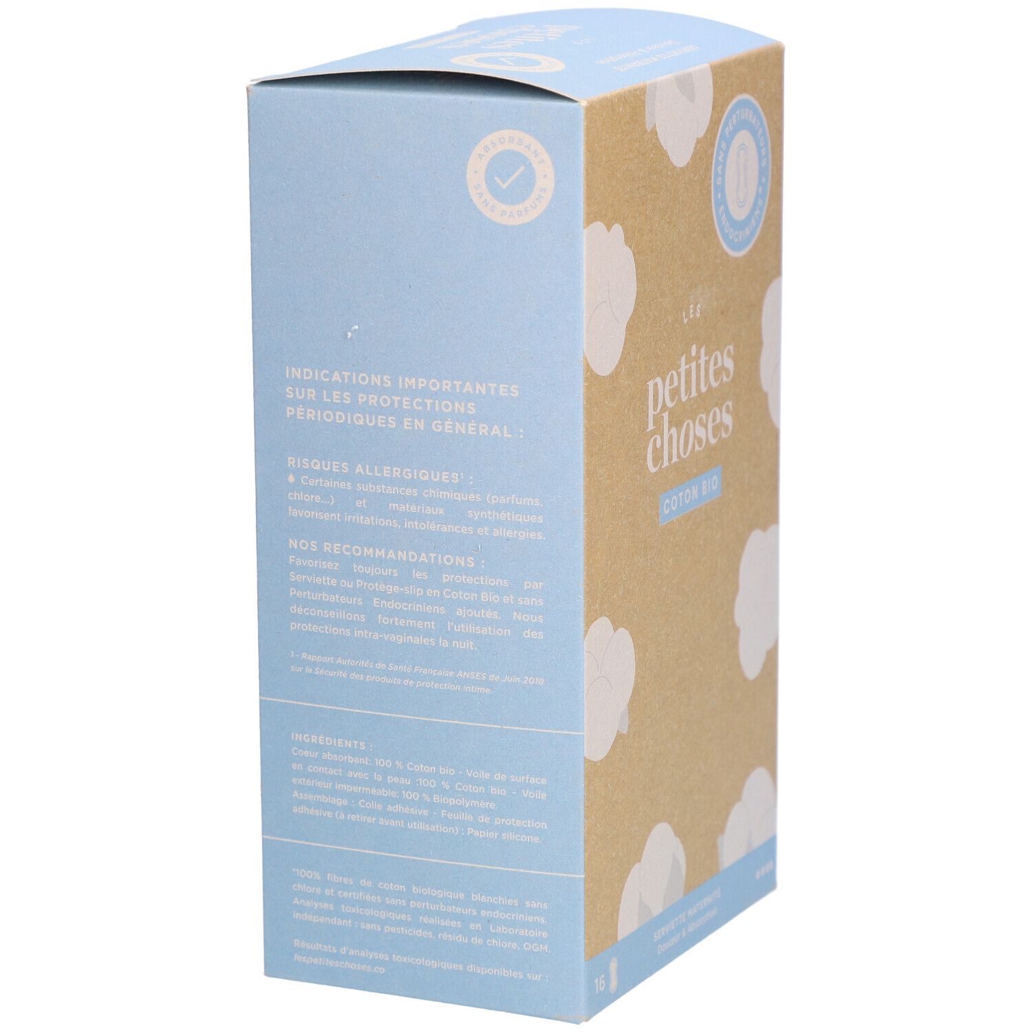 Vue latérale de la boîte en carton. Texte : LES PETITES CHOSES, Coton Bio. Informations sur le produit, ingrédients et certifications.