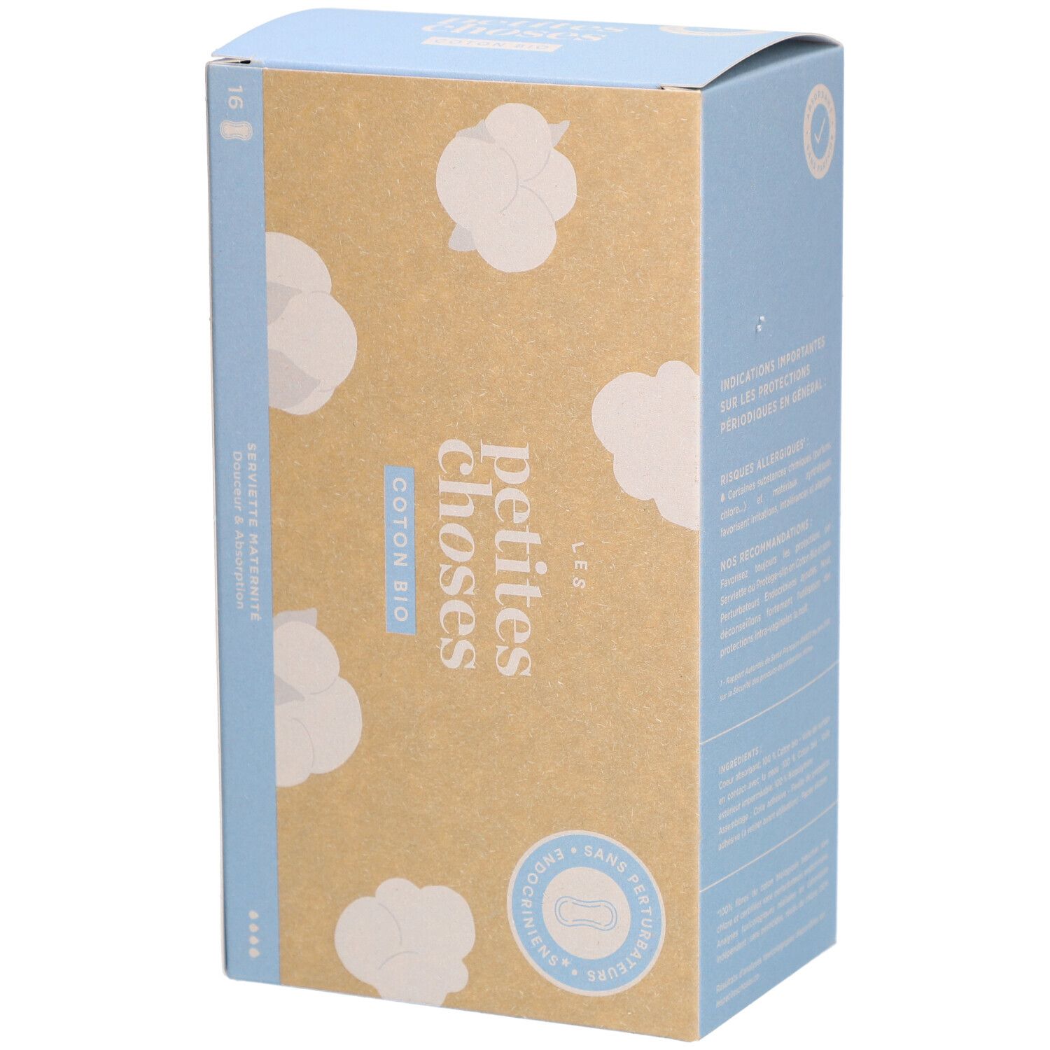 Boîte en carton avec illustration du produit. Inscription : LES PETITES CHOSES, Coton Bio. Informations sur le produit et certifications.
