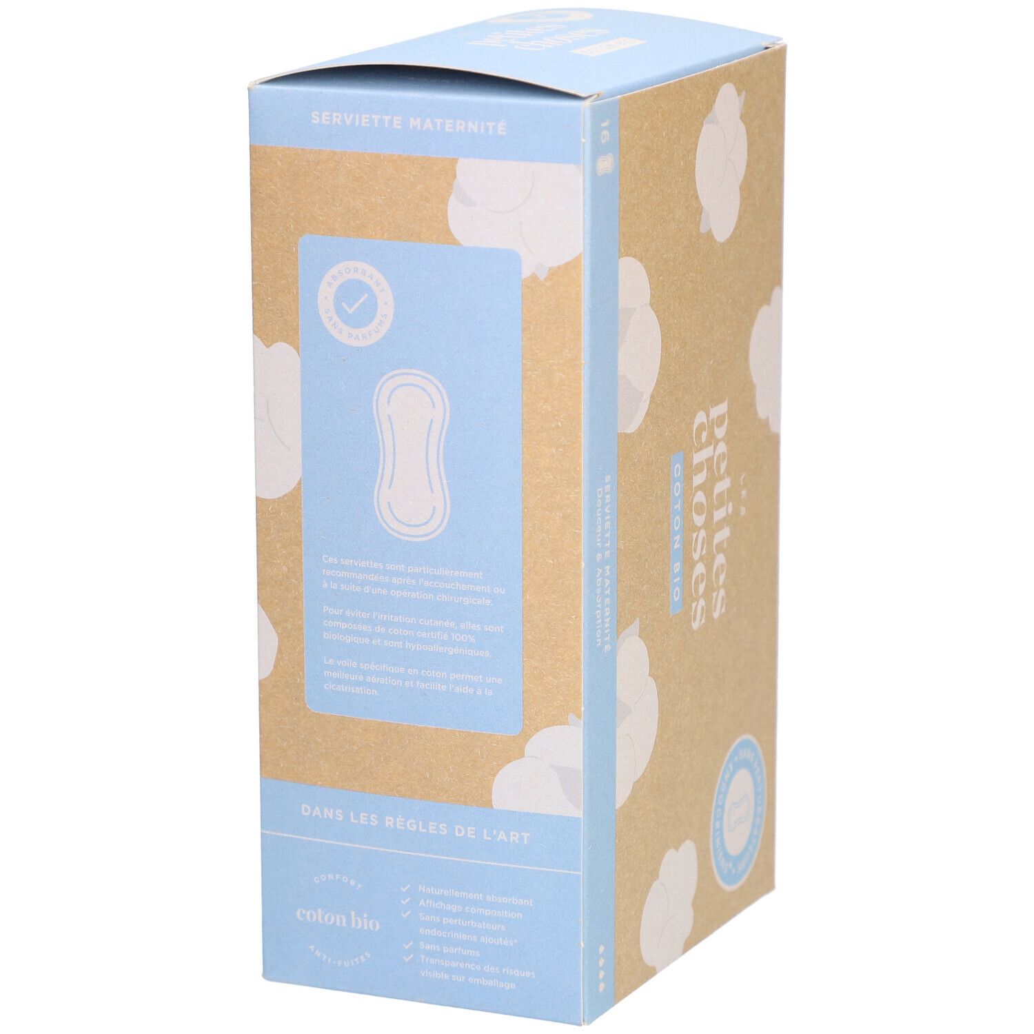 Vue latérale de la boîte en carton. Inscription : LES PETITES CHOSES, Coton Bio. Informations sur le produit et certifications.