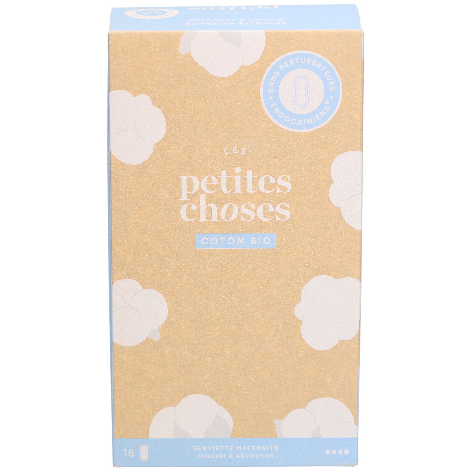 Boîte en carton avec illustration du produit. Inscription : LES PETITES CHOSES, Coton Bio. Informations sur le produit et certifications.