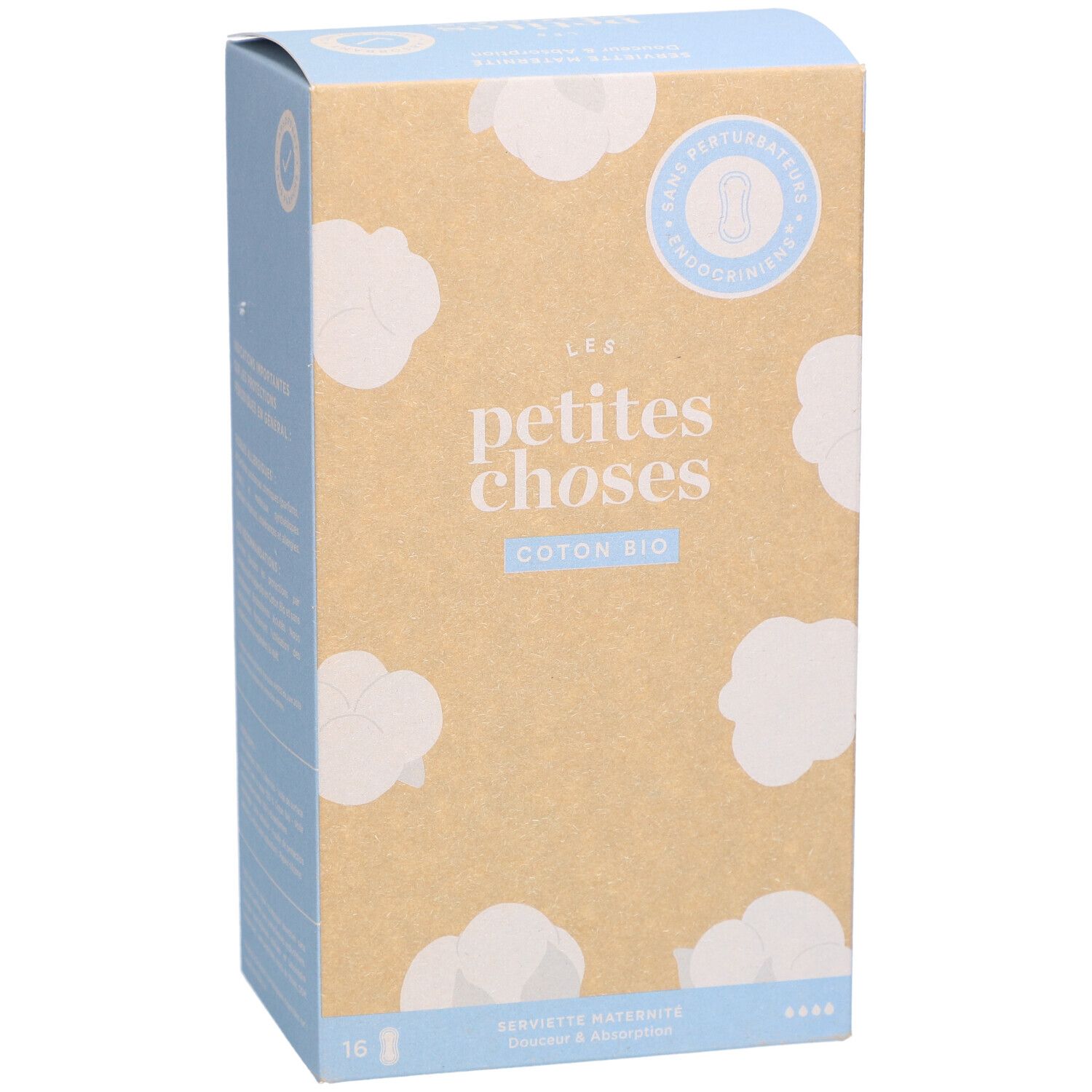 Boîte en carton avec illustration du produit. Inscription : LES PETITES CHOSES, Coton Bio. Informations sur le produit et certifications.