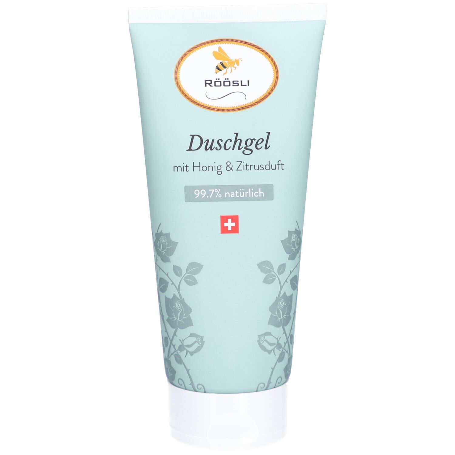 Tube bleu clair avec logo RÖÖSLI, inscription Duschgel, croix suisse et 99,7% naturel. Parfum miel et agrumes.