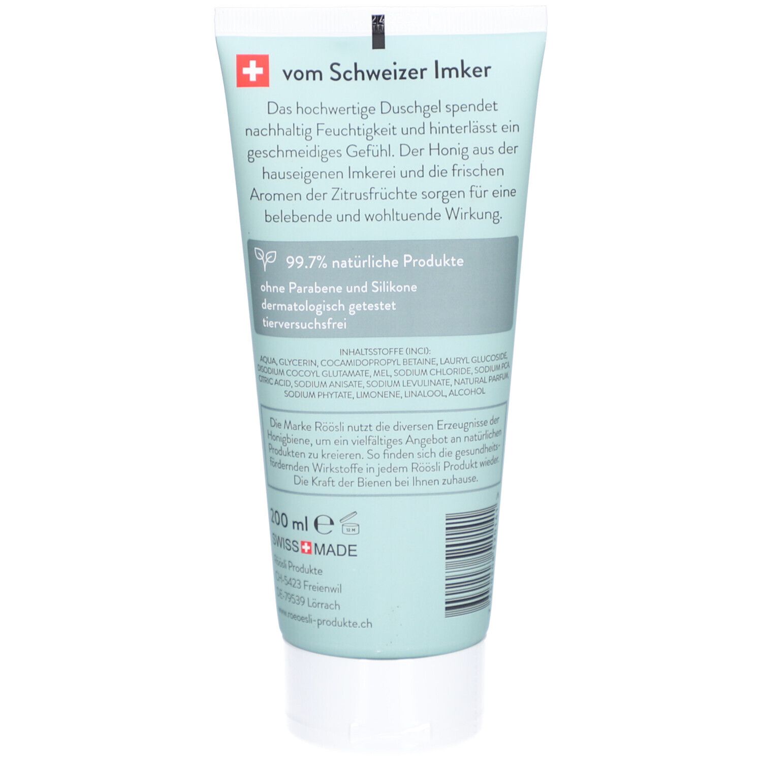 Dos du tube. Texte : vom Schweizer Imker, 99,7% produits naturels, sans parabènes ni silicones. Croix suisse et 100 ml.