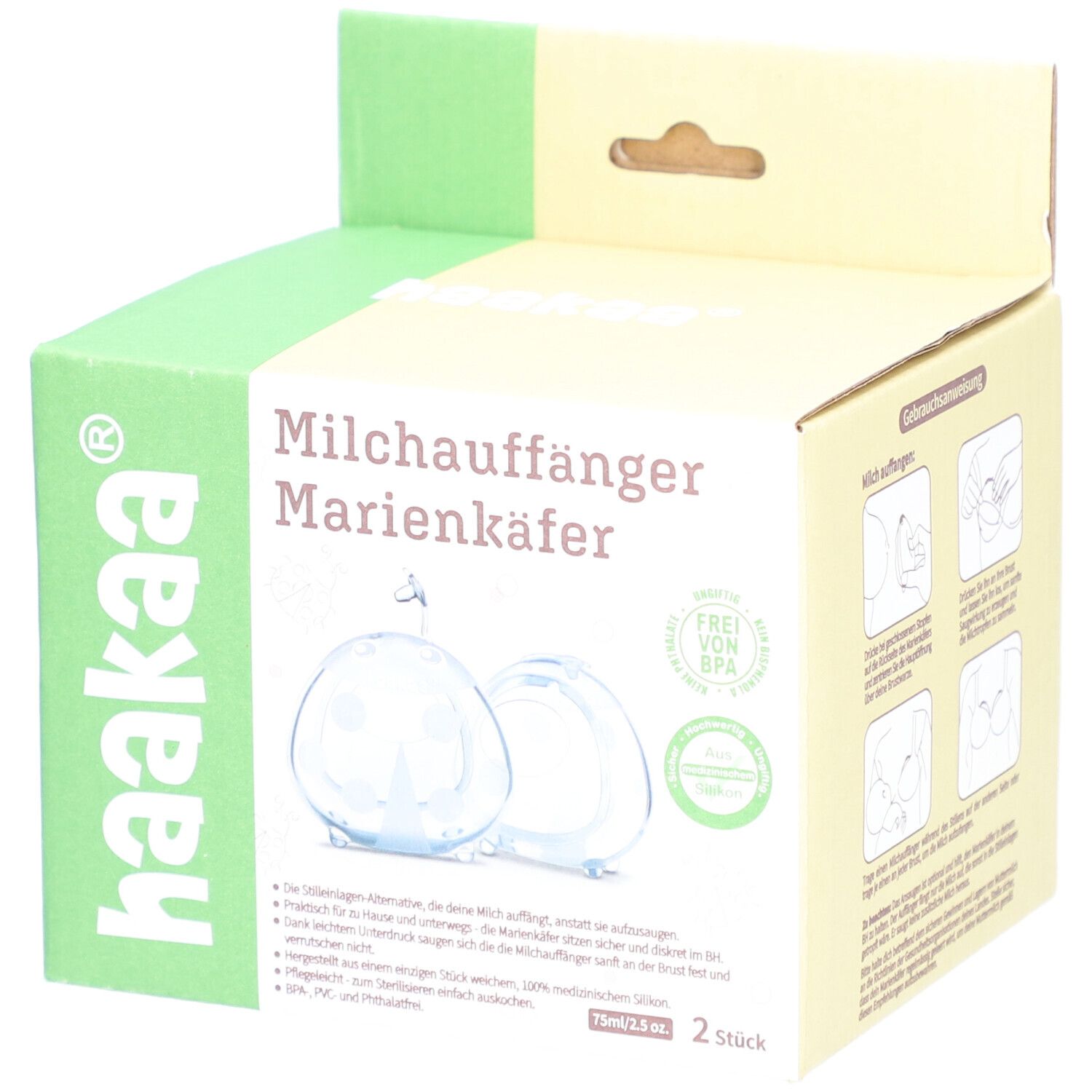 Boîte avec illustration du produit et texte: Tire-lait Coccinelle, 2 pièces. Marque: Haakaa. Sans BPA.