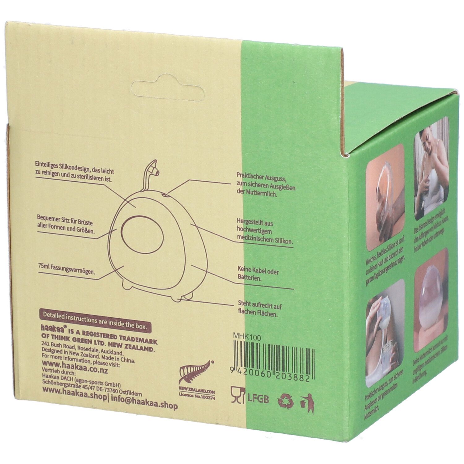 Dos de la boîte avec texte et illustrations. Marque: Haakaa. Le texte contient des informations sur le produit et le fabricant.