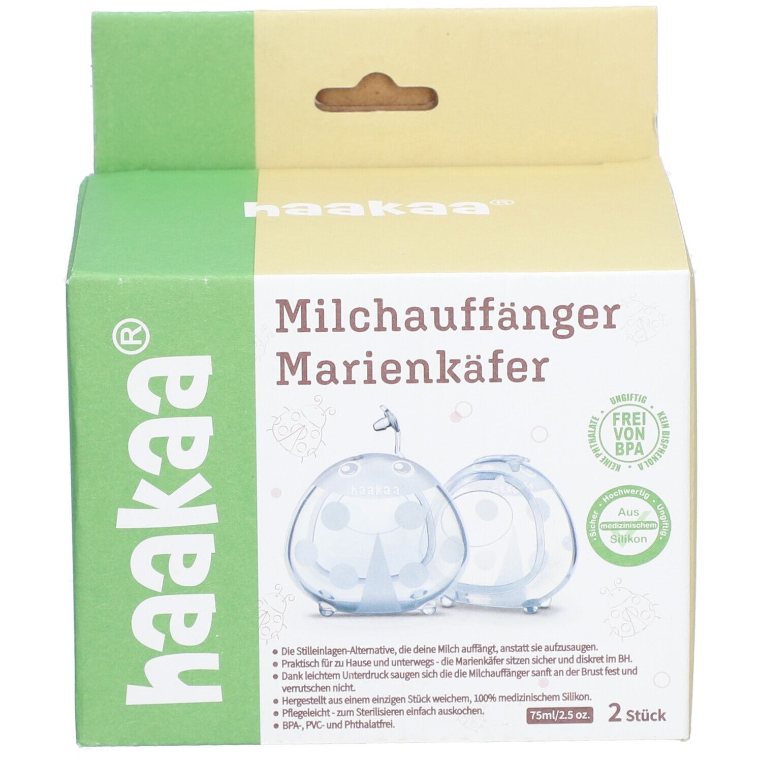 Boîte avec illustration du produit et texte: Tire-lait Coccinelle, 2 pièces. Marque: Haakaa. Sans BPA.