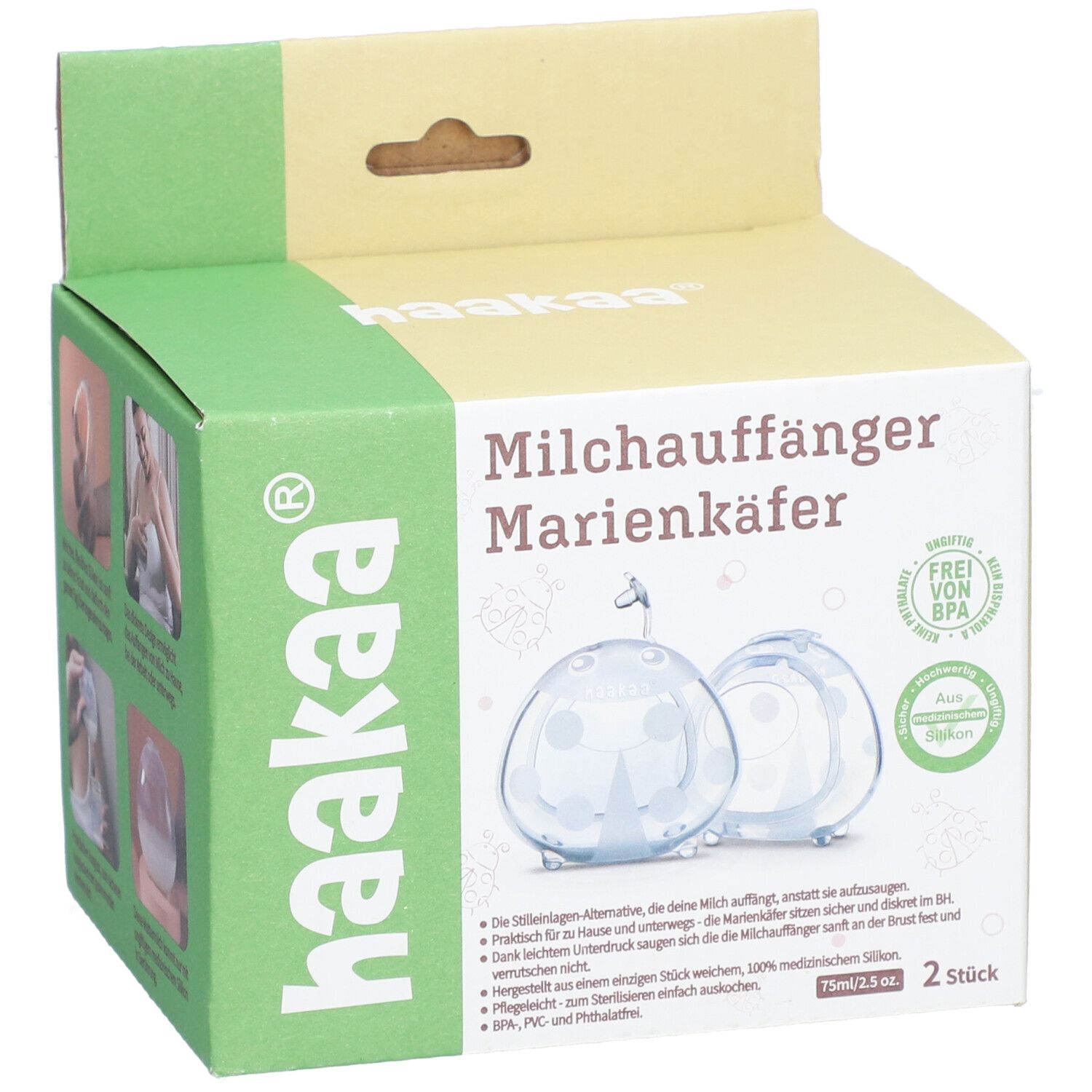 Boîte avec illustration du produit et texte: Tire-lait Coccinelle, 2 pièces. Marque: Haakaa. Sans BPA.