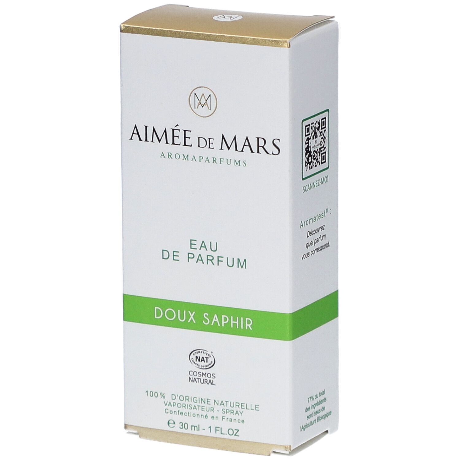 Aimée de Mars® Doux Saphir Eau de Parfum. Witte doos met gouden bovenkant. Tekst: Eau de Parfum, Doux Saphir, 30 ml.