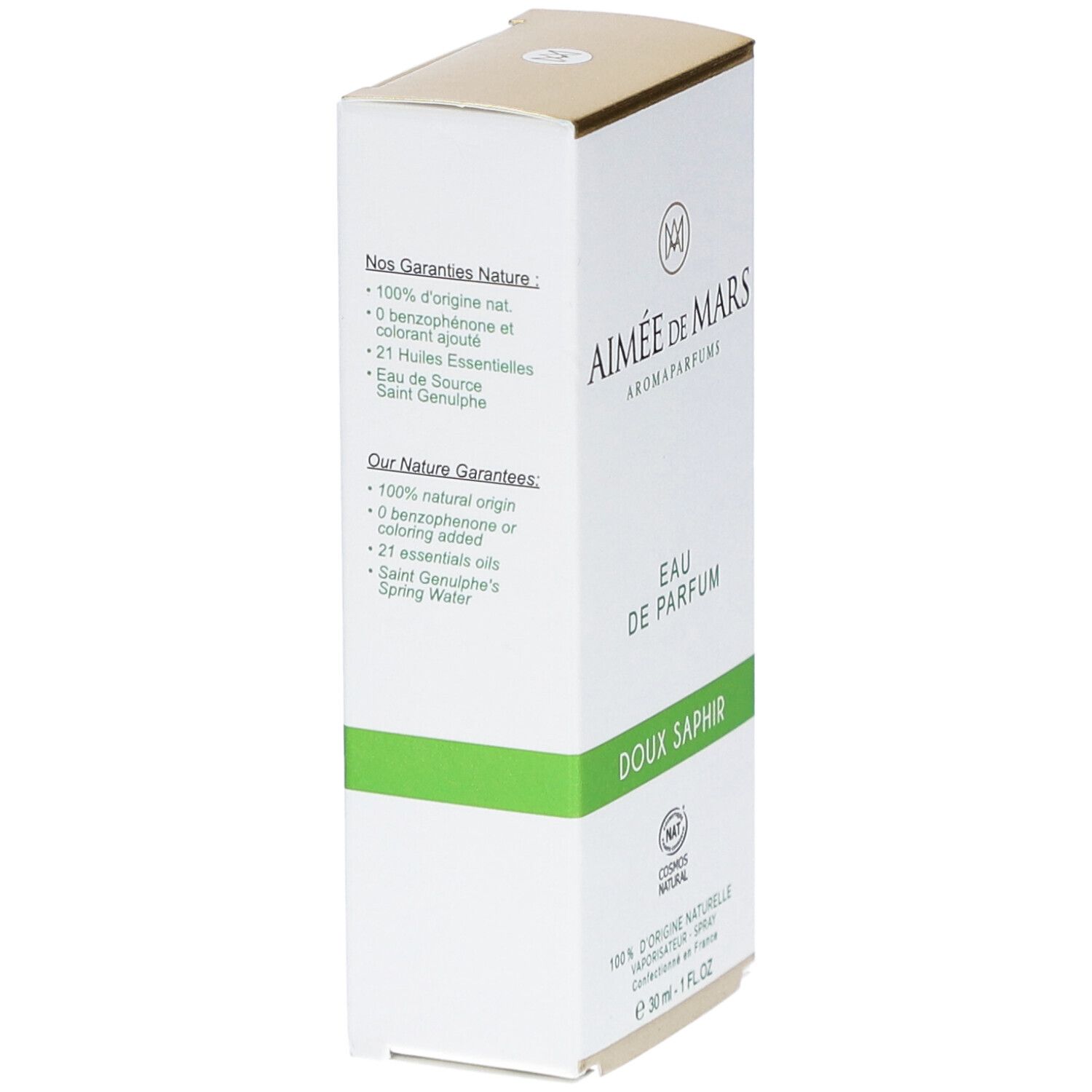 Aimée de Mars® Doux Saphir Eau de Parfum. Witte doos met groene accenten. Tekst: Eau de Parfum, Doux Saphir.