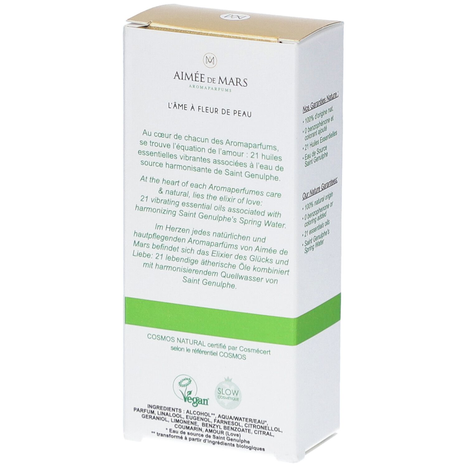 Aimée de Mars® Doux Saphir Eau de Parfum. Achterkant van de doos. Tekst: Ingrediënten, Cosmos Natural certificering.