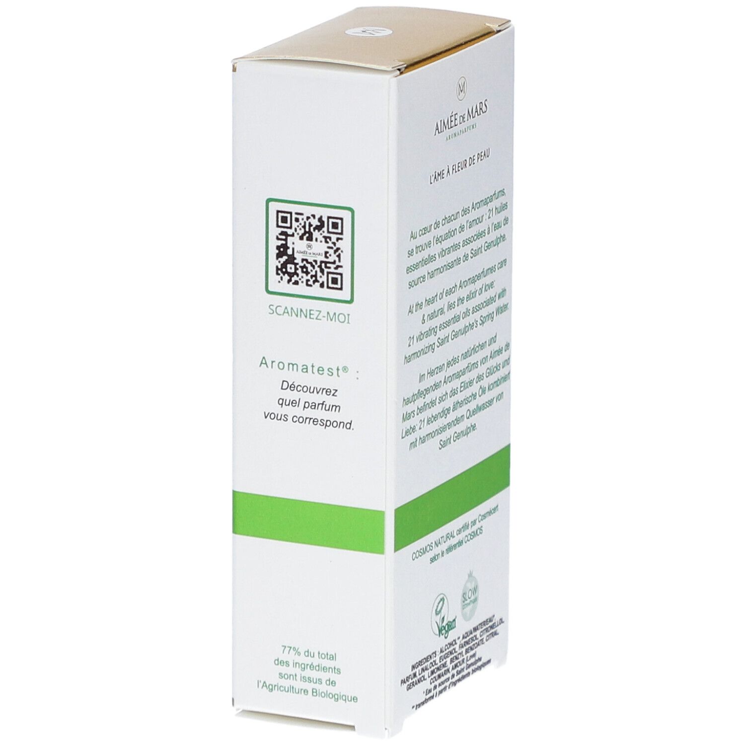 Aimée de Mars® Doux Saphir Eau de Parfum. Doos met QR-code. Tekst: Aromates, 77% van de ingrediënten zijn biologisch.