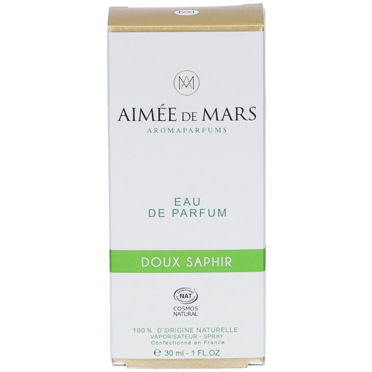 Aimée de Mars® Doux Saphir Eau de Parfum. Witte doos. Tekst: Eau de Parfum, Doux Saphir, 30 ml.