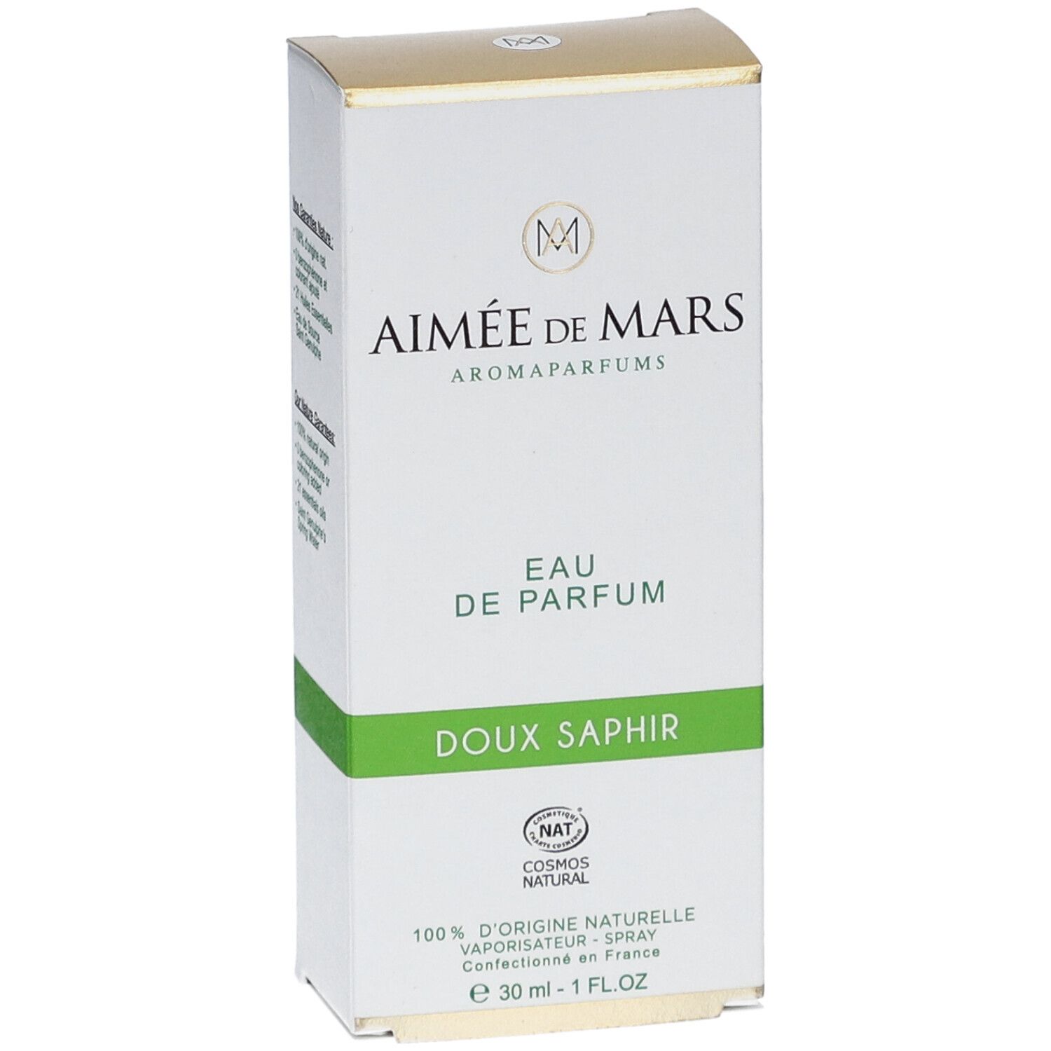 Aimée de Mars® Doux Saphir Eau de Parfum. Witte doos. Tekst: Eau de Parfum, Doux Saphir, 30 ml.