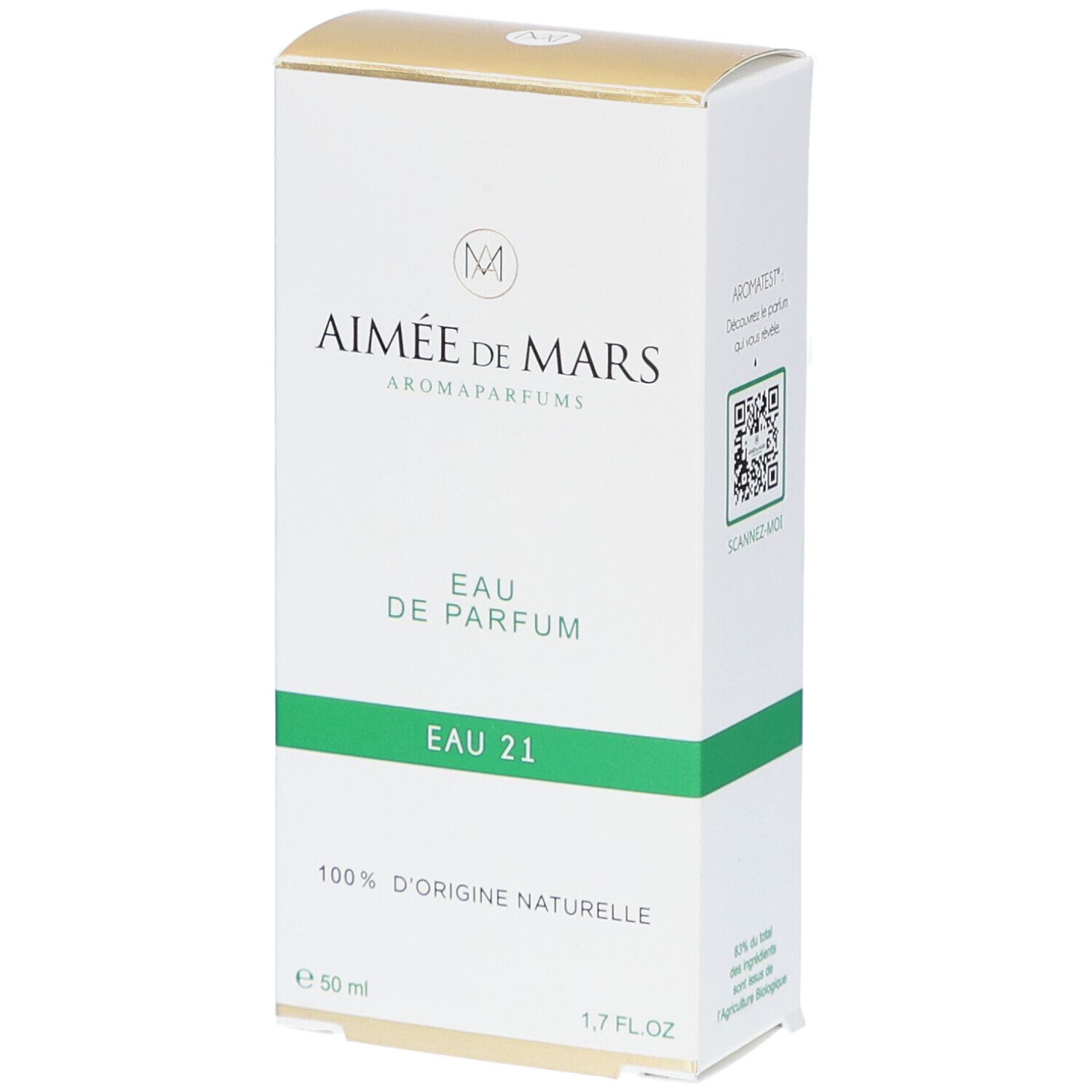 Verpakking van Aimée de Mars® Eau 21 Eau de Parfum. Wit, groen en goud. Tekst: Eau de Parfum, 100% d'origine naturelle.