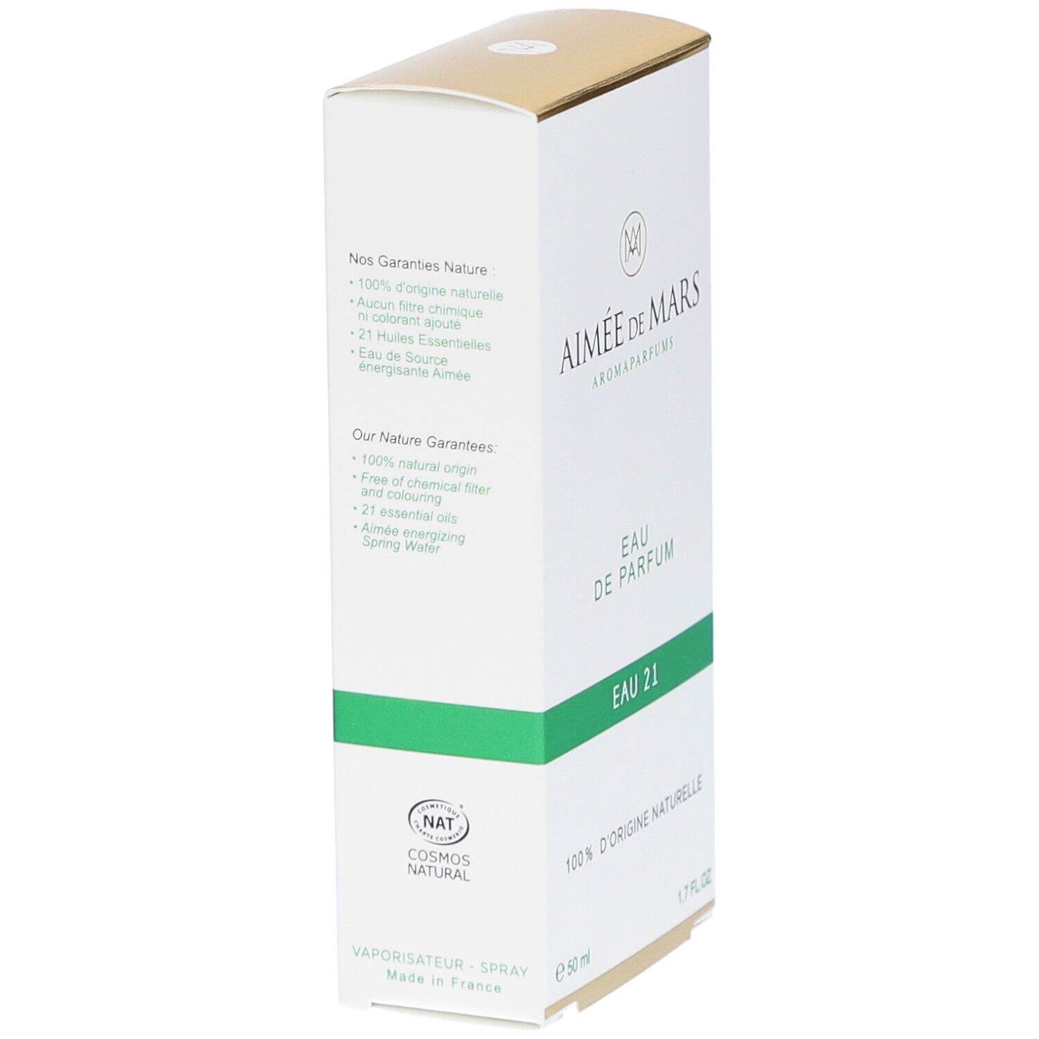 Verpakking van Aimée de Mars® Eau 21 Eau de Parfum. Achterkant met tekst. Cosmos Natural certificering. Wit, groen en goud.