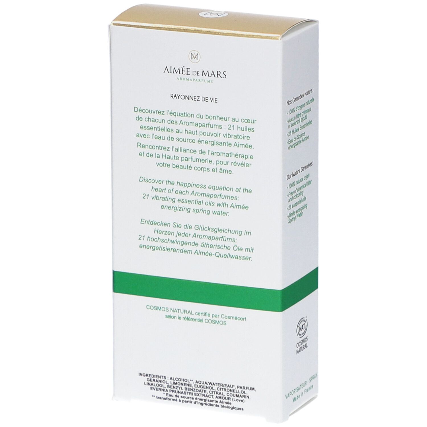 Verpakking van Aimée de Mars® Eau 21 Eau de Parfum. Achterkant met tekst. Cosmos Natural certificering. Wit, groen en goud.