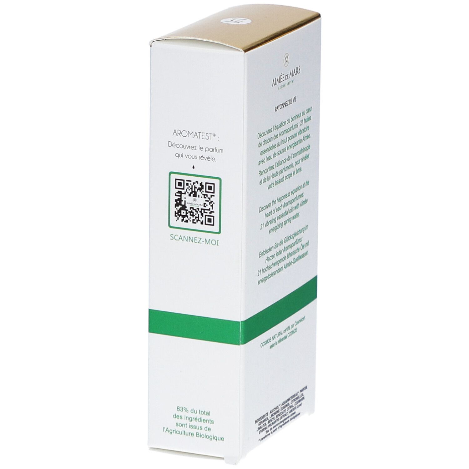 Verpakking van Aimée de Mars® Eau 21 Eau de Parfum. Zijkant met QR-code en tekst. Wit, groen en goud.