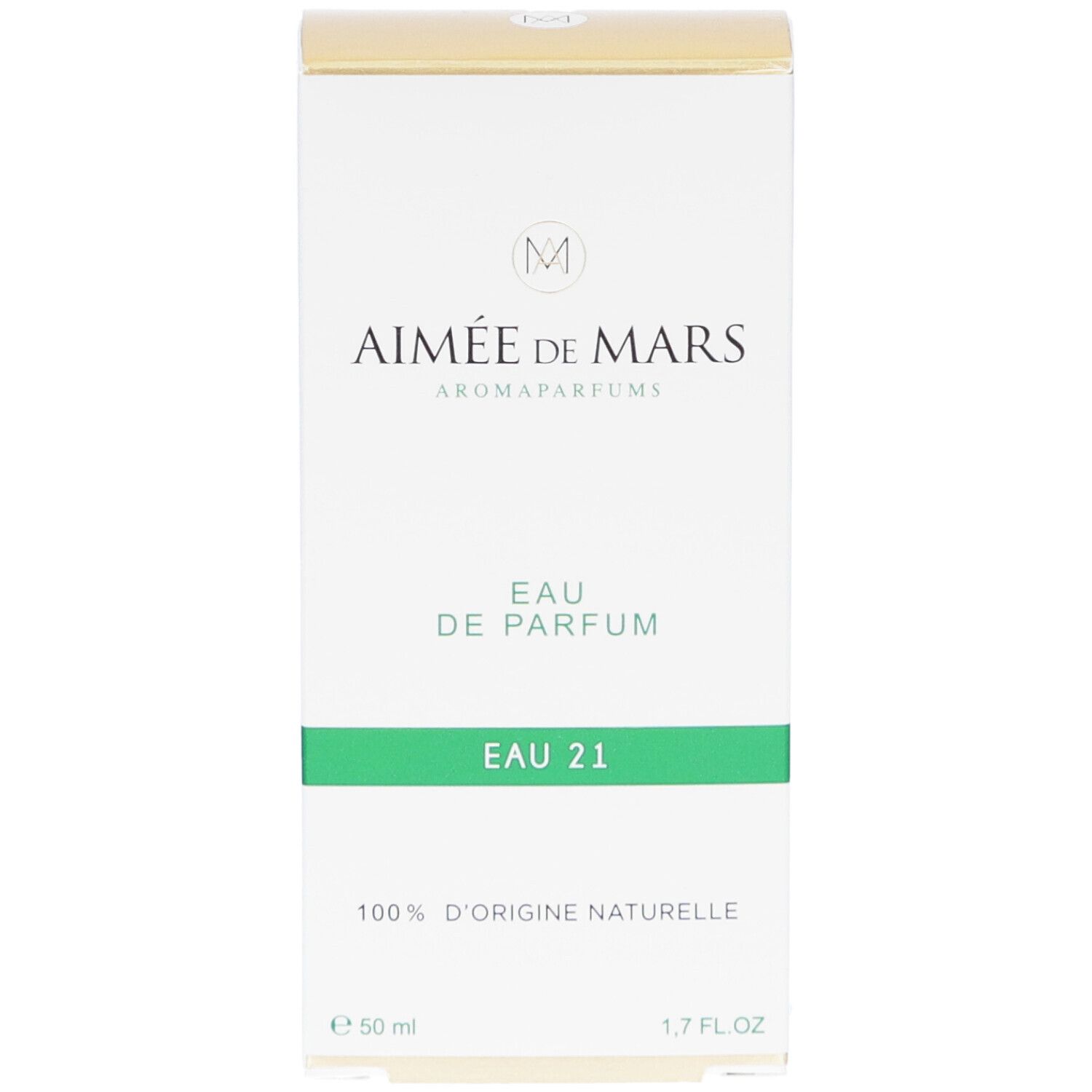 Verpakking van Aimée de Mars® Eau 21 Eau de Parfum. Wit, groen en goud. Tekst: Eau de Parfum, 100% d'origine naturelle.
