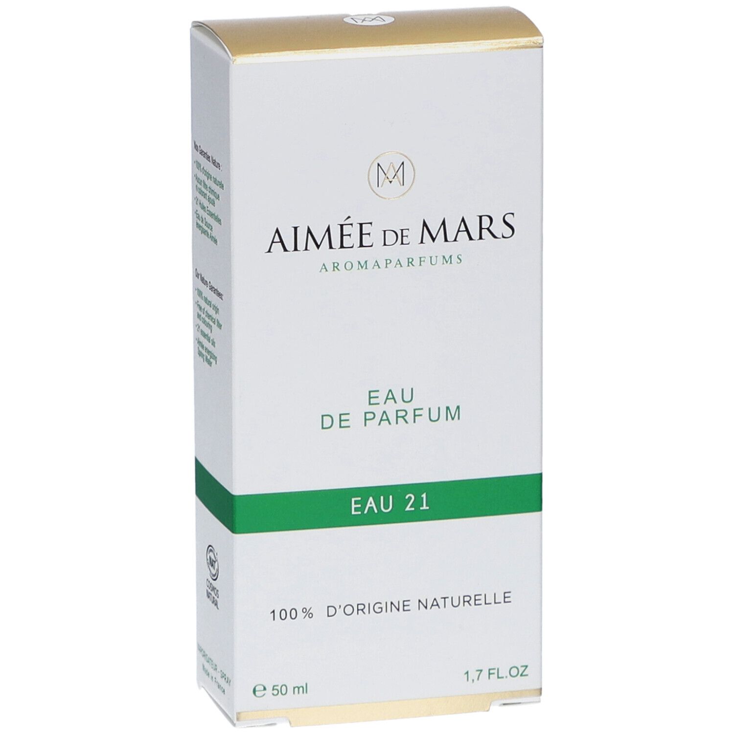 Verpakking van Aimée de Mars® Eau 21 Eau de Parfum. Wit, groen en goud. Tekst: Eau de Parfum, 100% d'origine naturelle.