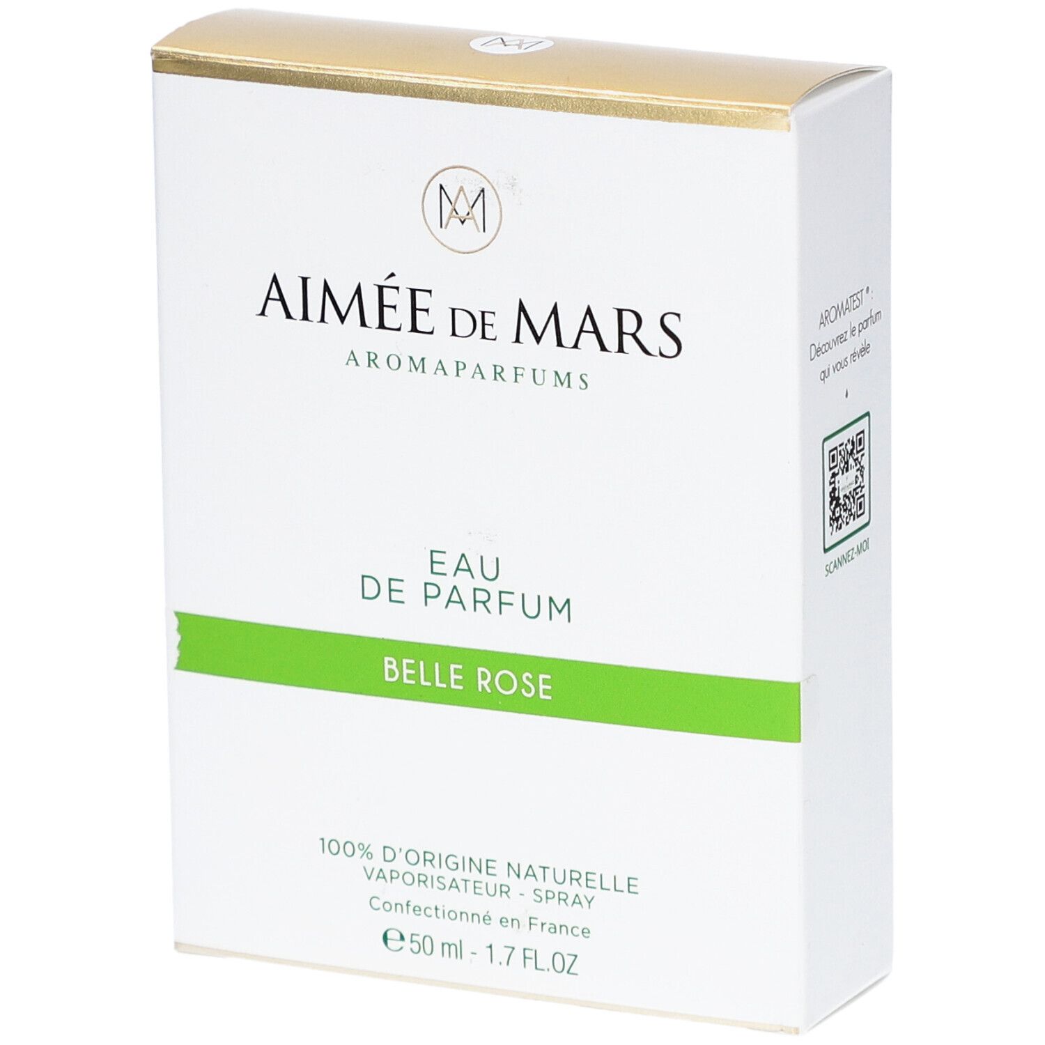 Witte doos met gouden bovenkant. Opschrift: Aimée de Mars, Eau de Parfum Belle Rose. Groene lijn.