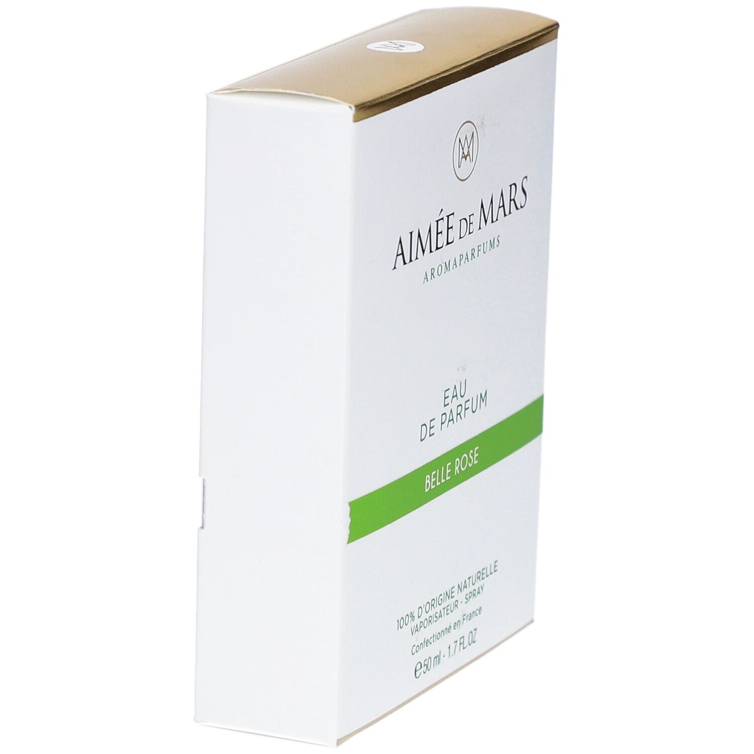 Witte doos met gouden bovenkant. Opschrift: Aimée de Mars, Eau de Parfum Belle Rose. Zijaanzicht.