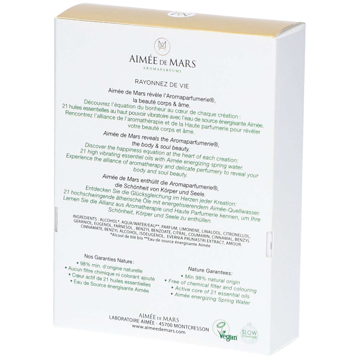 Achterkant van de witte doos. Meertalige tekst. Opschrift: Aimée de Mars, Rayonnez de Vie. Veganistisch logo.