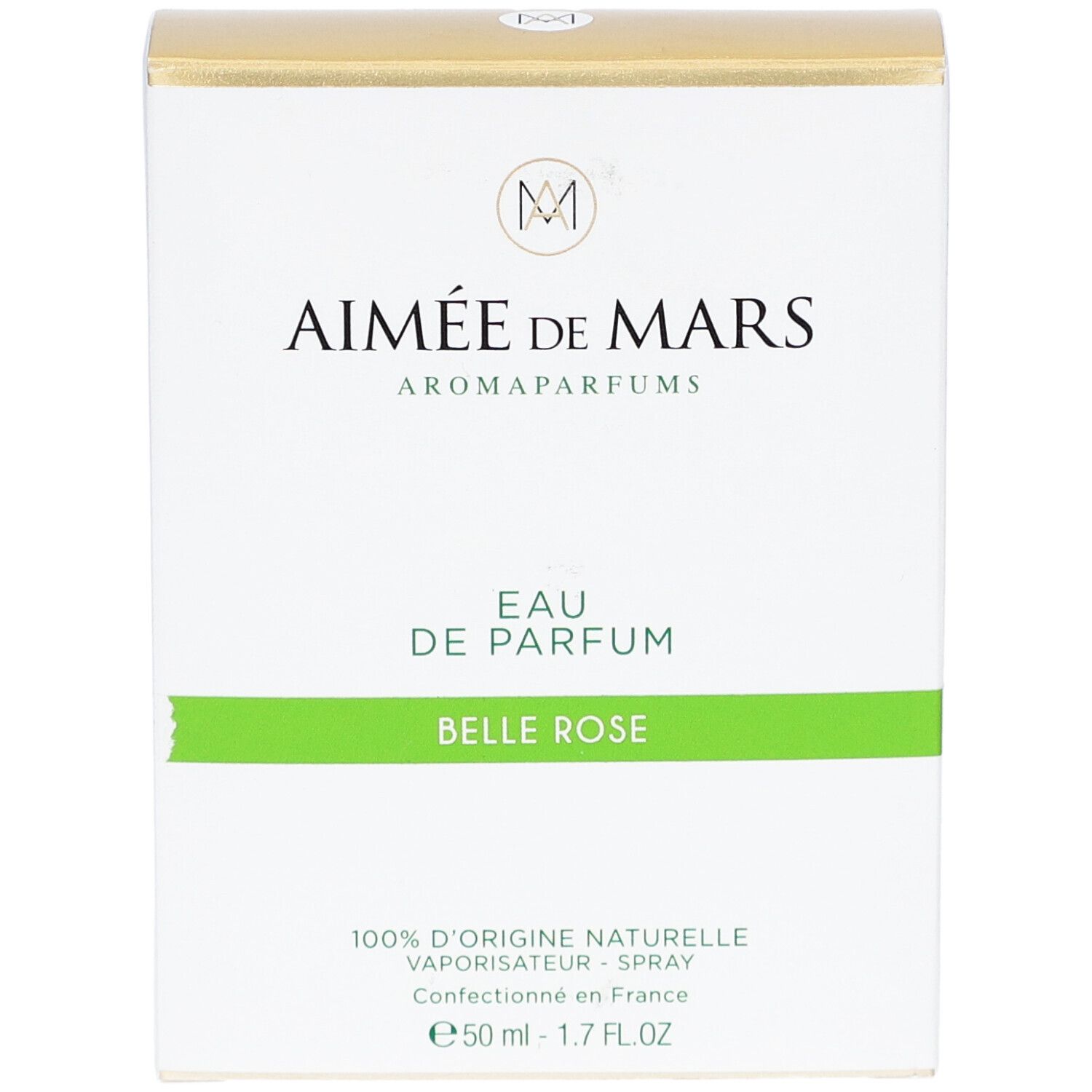 Witte doos met gouden bovenkant. Opschrift: Aimée de Mars, Eau de Parfum Belle Rose. Groene lijn.